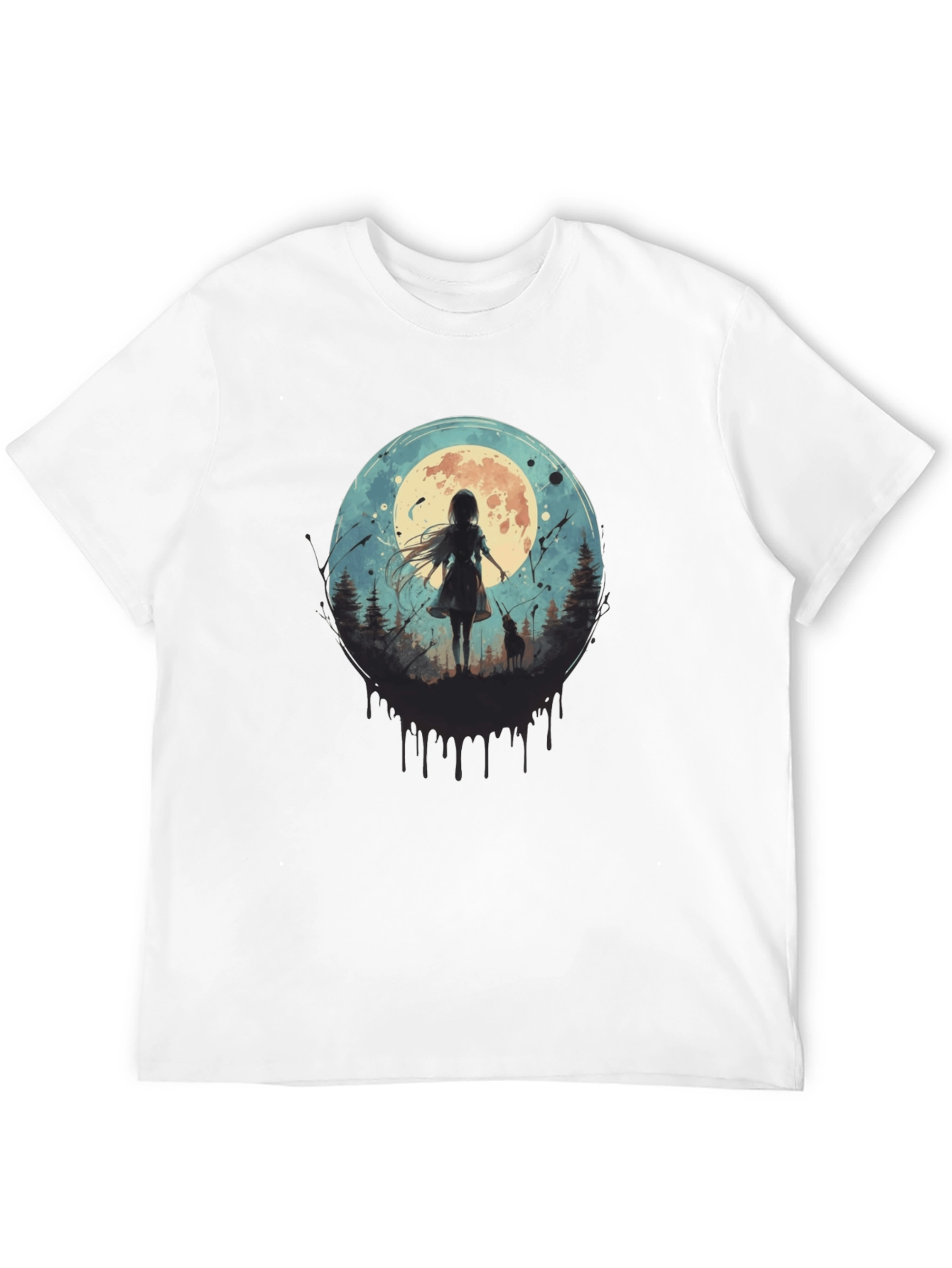Moonlit Girl & Wolf Graphic Tee - Black