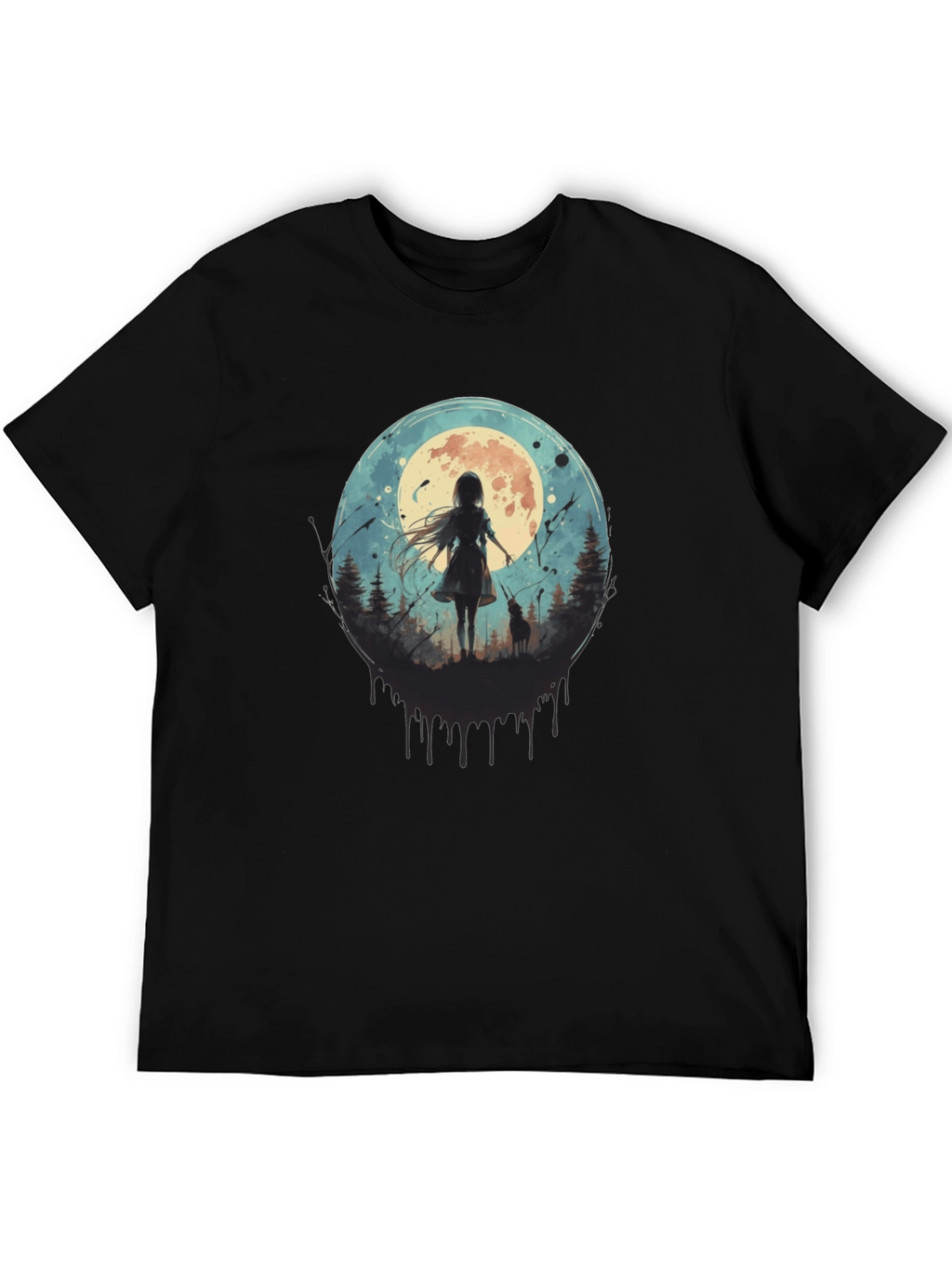 Moonlit Girl & Wolf Graphic Tee - Black