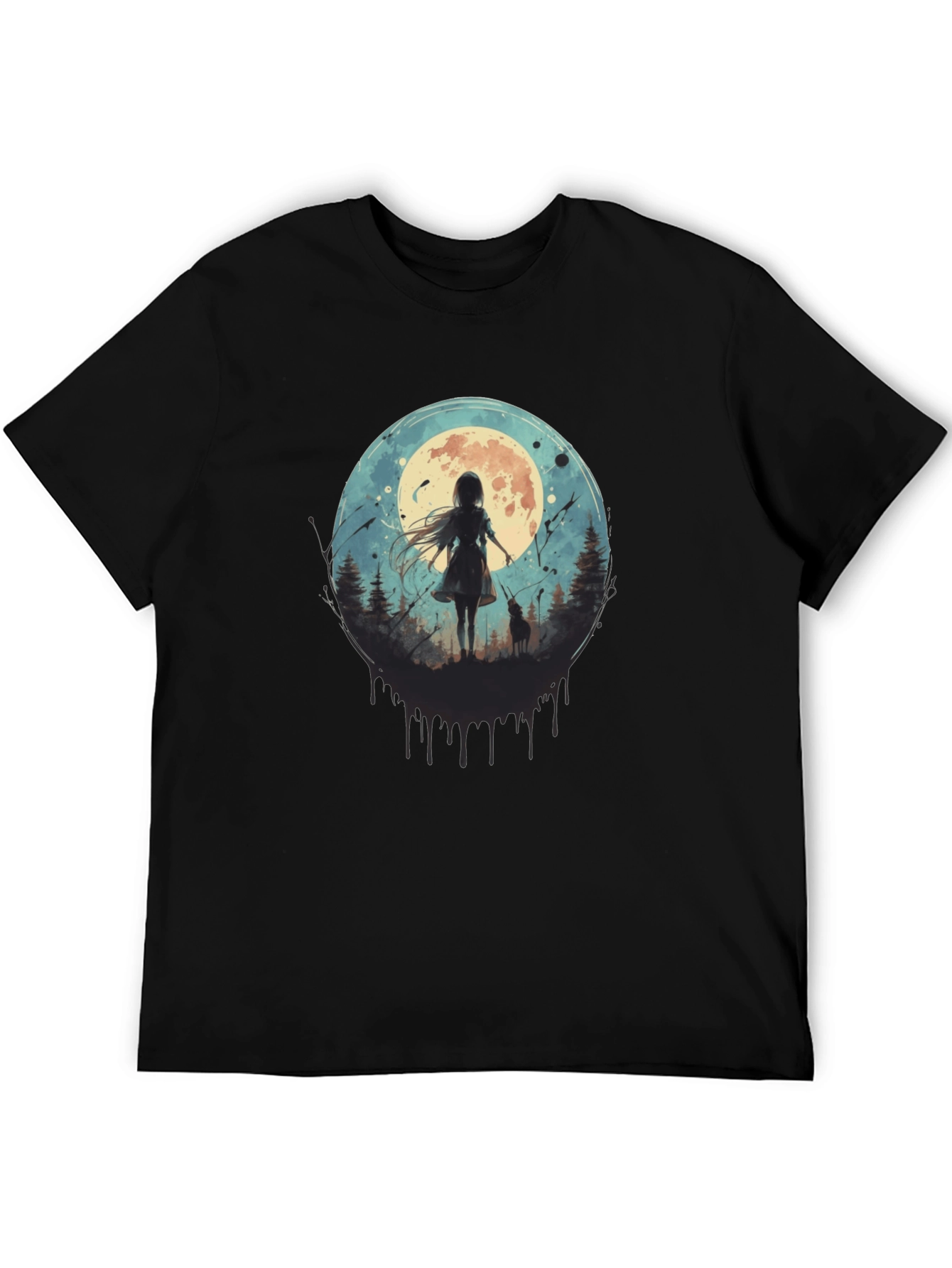 Moonlit Girl & Wolf Graphic Tee - Black