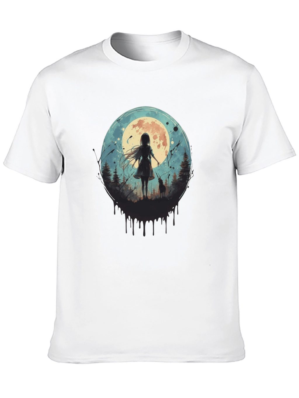 Moonlit Girl & Wolf Graphic Tee - Black