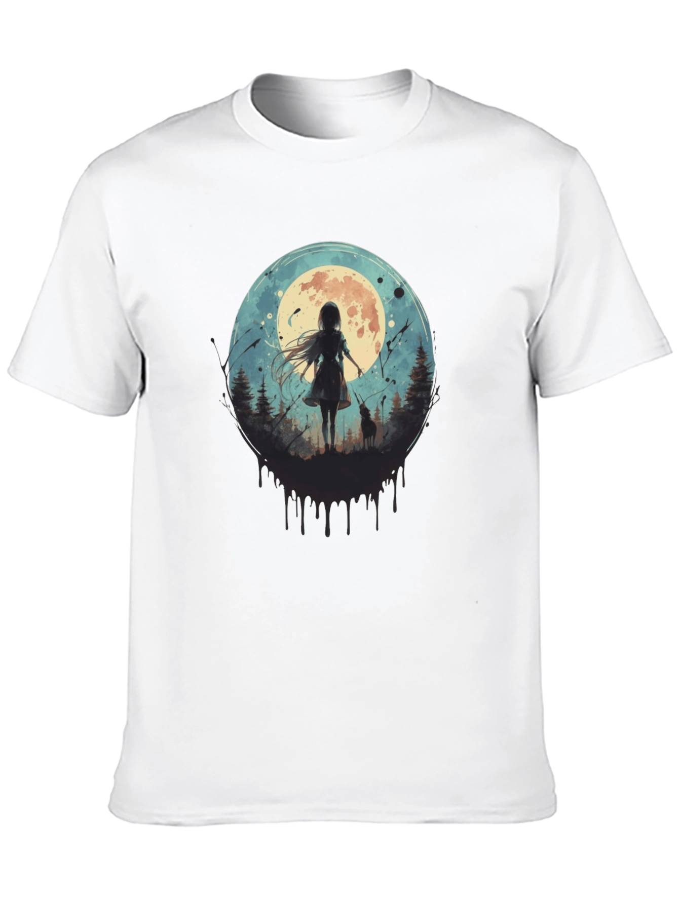 Moonlit Girl & Wolf Graphic Tee - Black