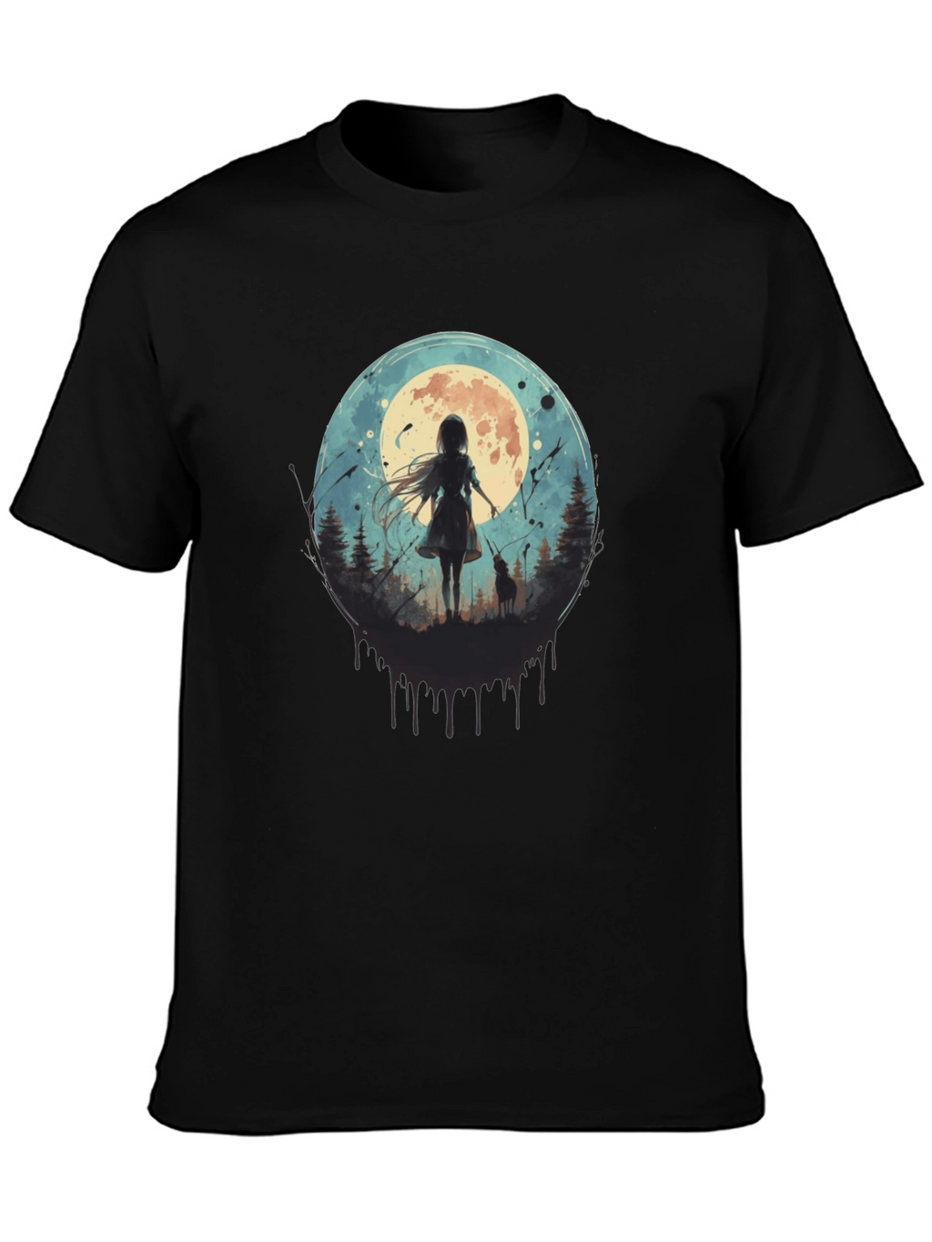 Moonlit Girl & Wolf Graphic Tee - Black