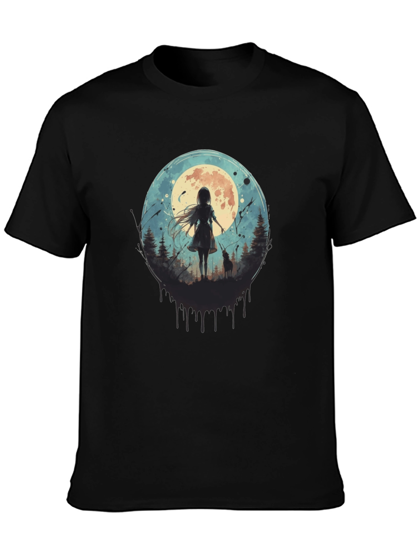 Moonlit Girl & Wolf Graphic Tee - Black