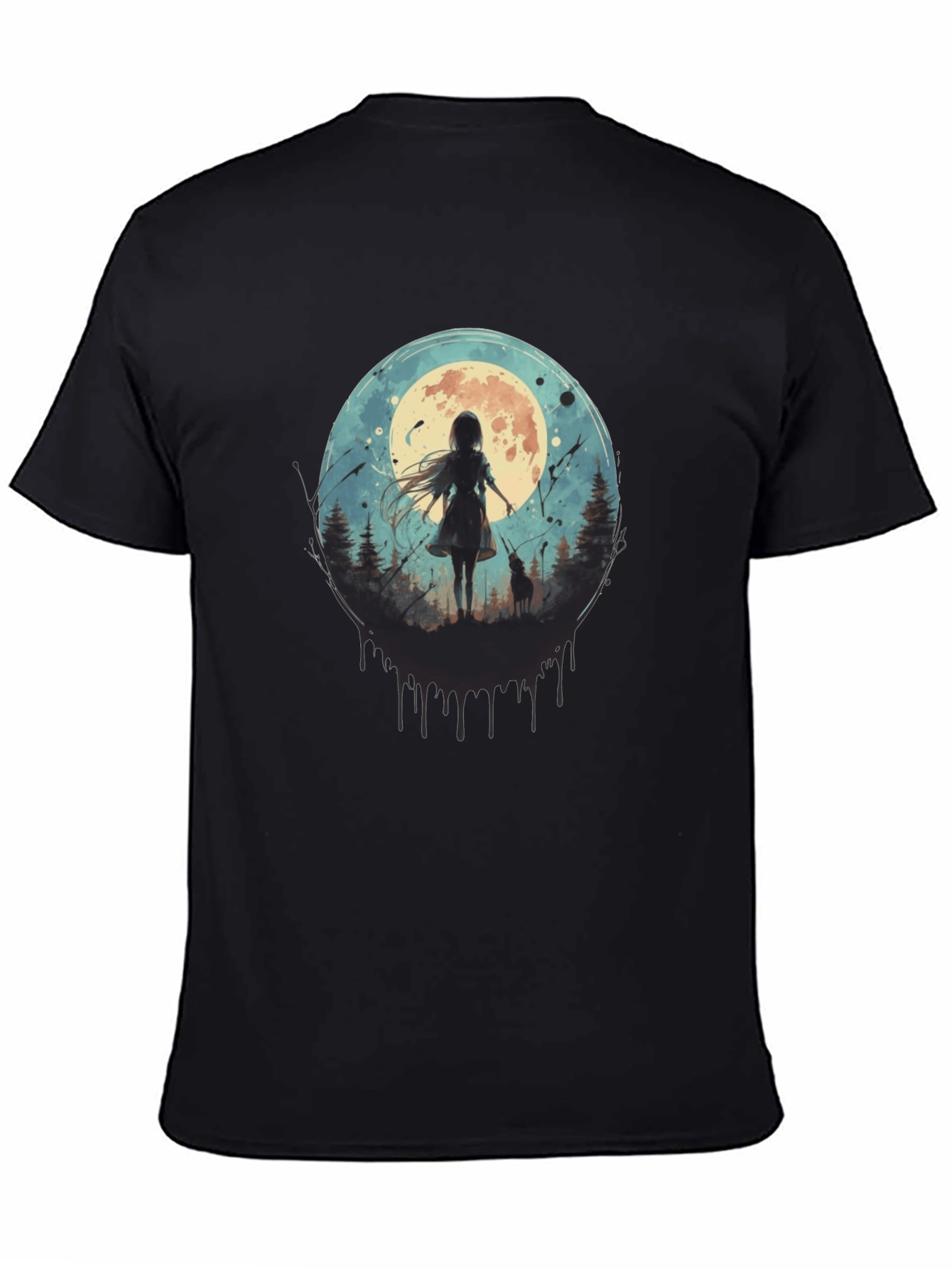 Moonlit Girl & Wolf Graphic Tee - Black