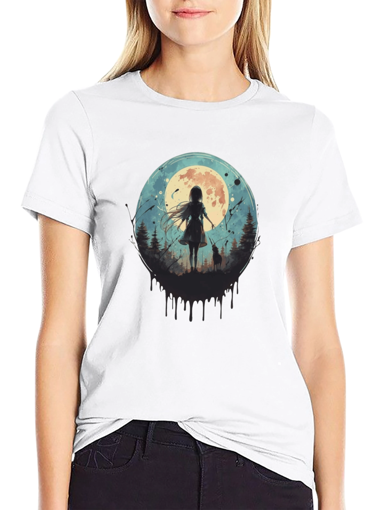 Moonlit Girl & Wolf Graphic Tee - Black