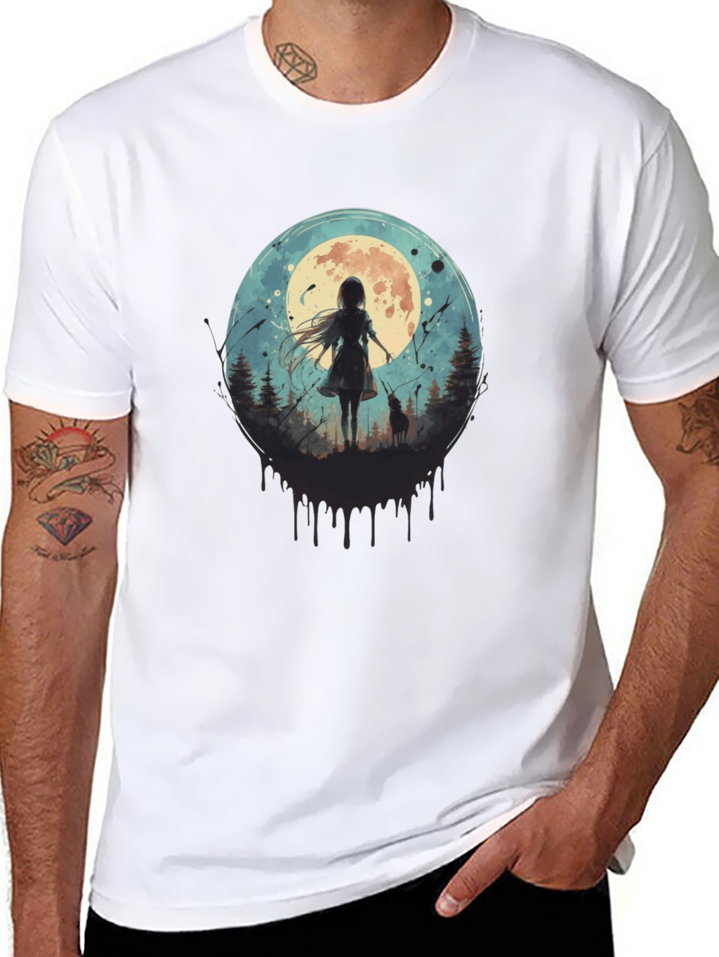 Moonlit Girl & Wolf Graphic Tee - Black