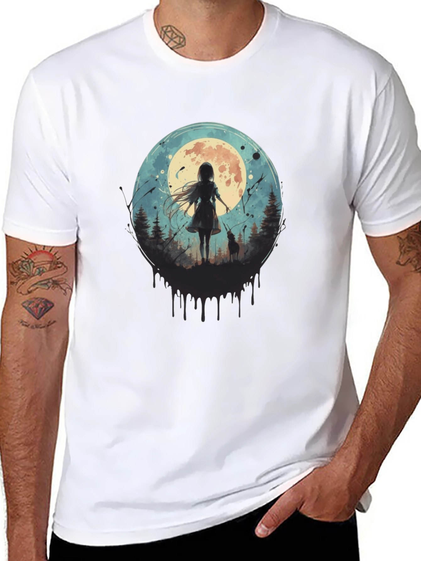 Moonlit Girl & Wolf Graphic Tee - Black