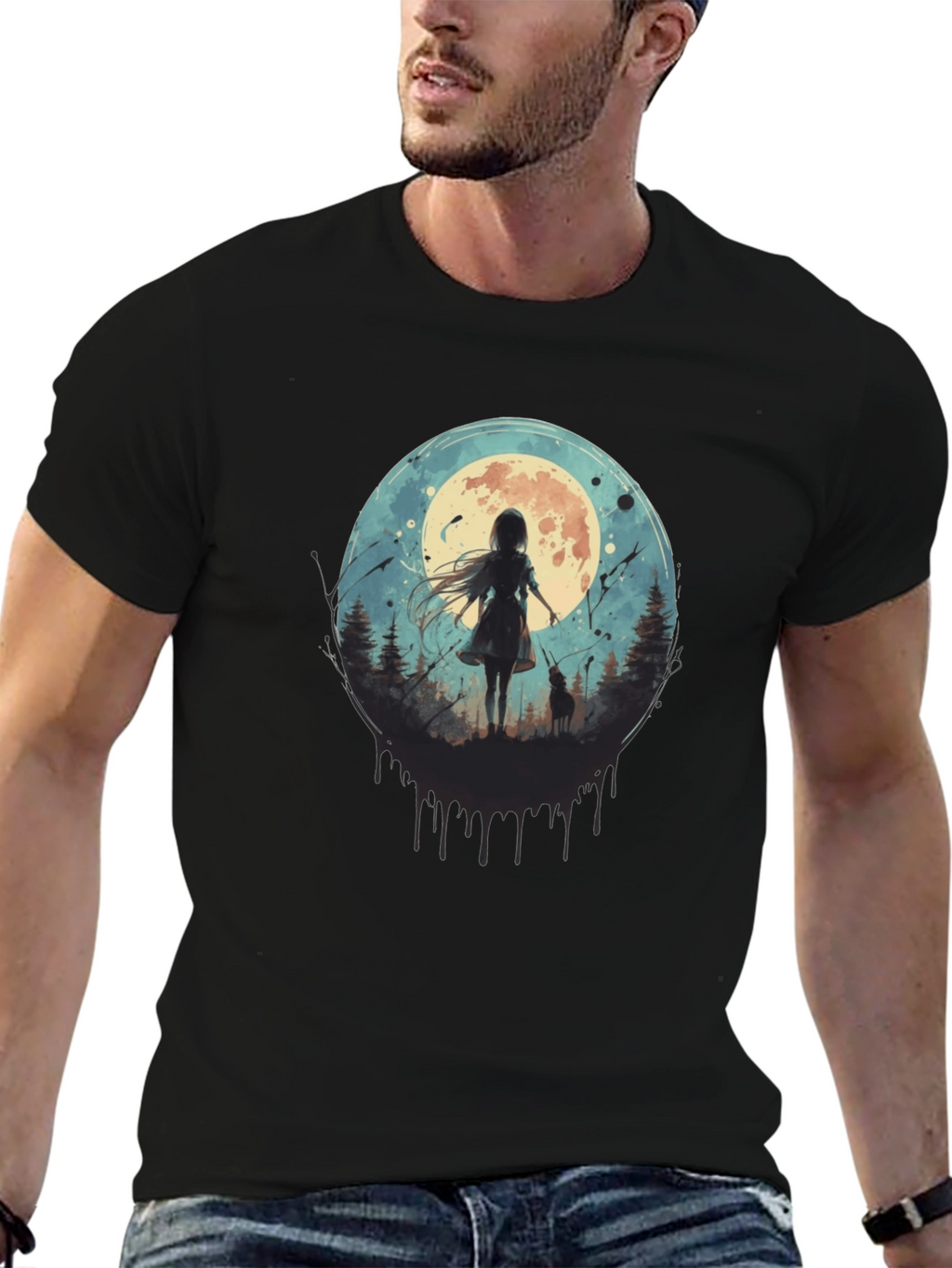 Moonlit Girl & Wolf Graphic Tee - Black