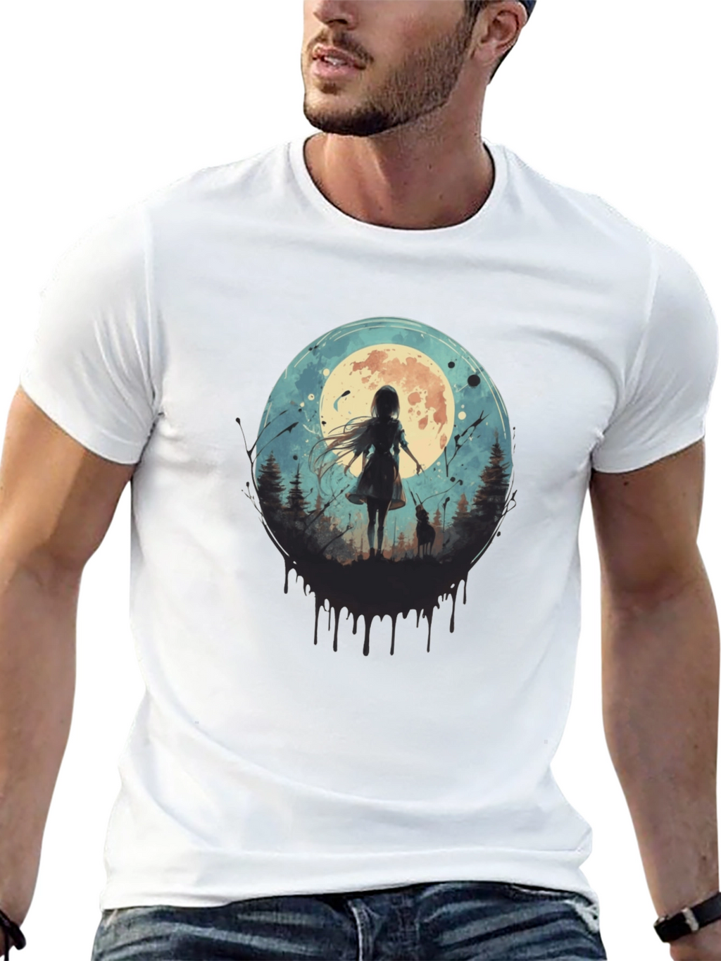 Moonlit Girl & Wolf Graphic Tee - Black