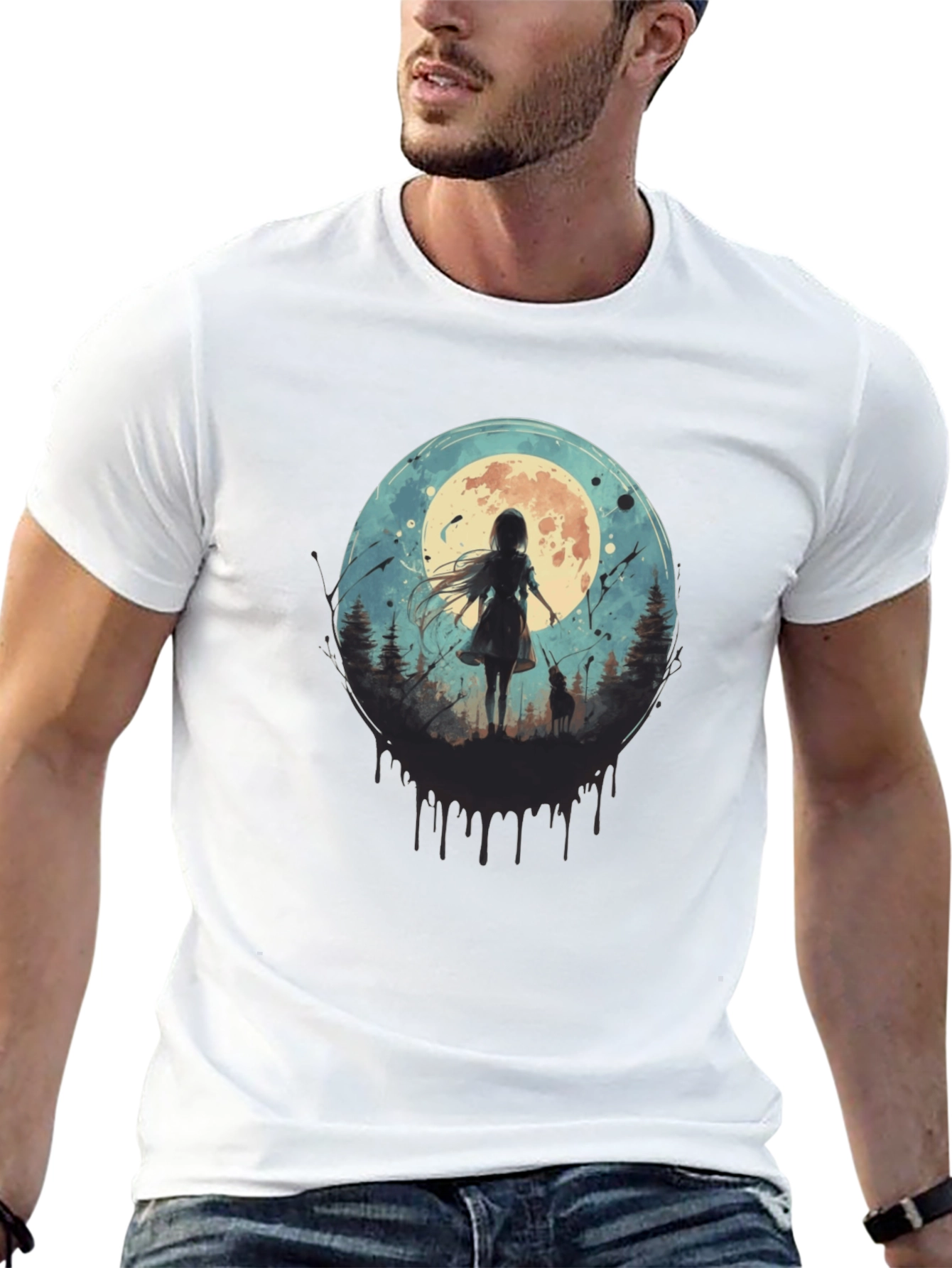 Moonlit Girl & Wolf Graphic Tee - Black