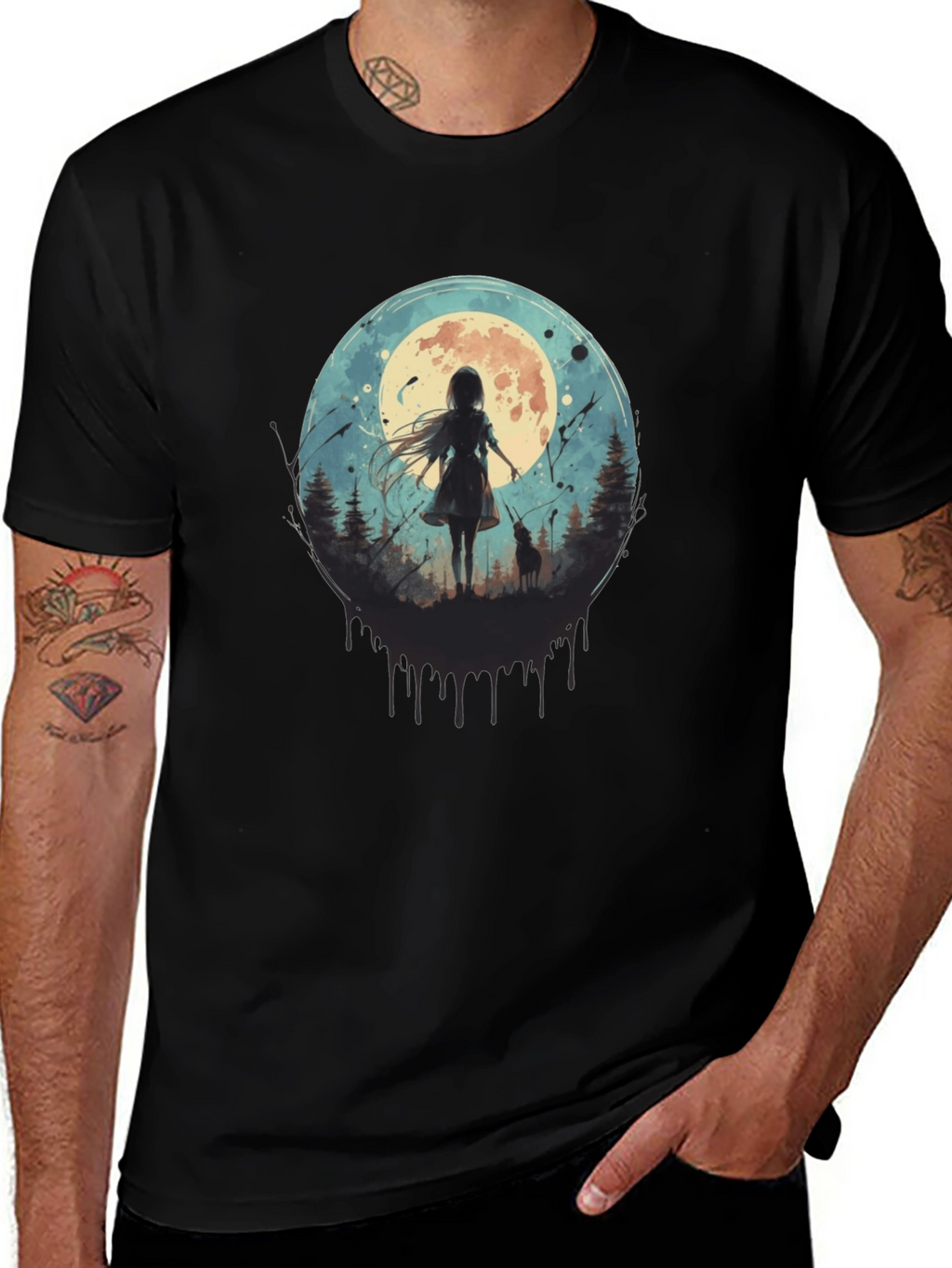 Moonlit Girl & Wolf Graphic Tee - Black