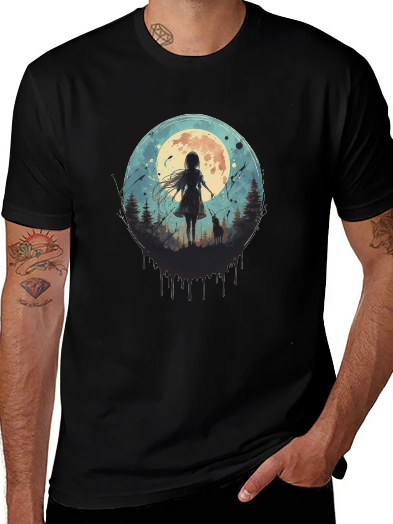 Moonlit Girl & Wolf Graphic Tee - Black