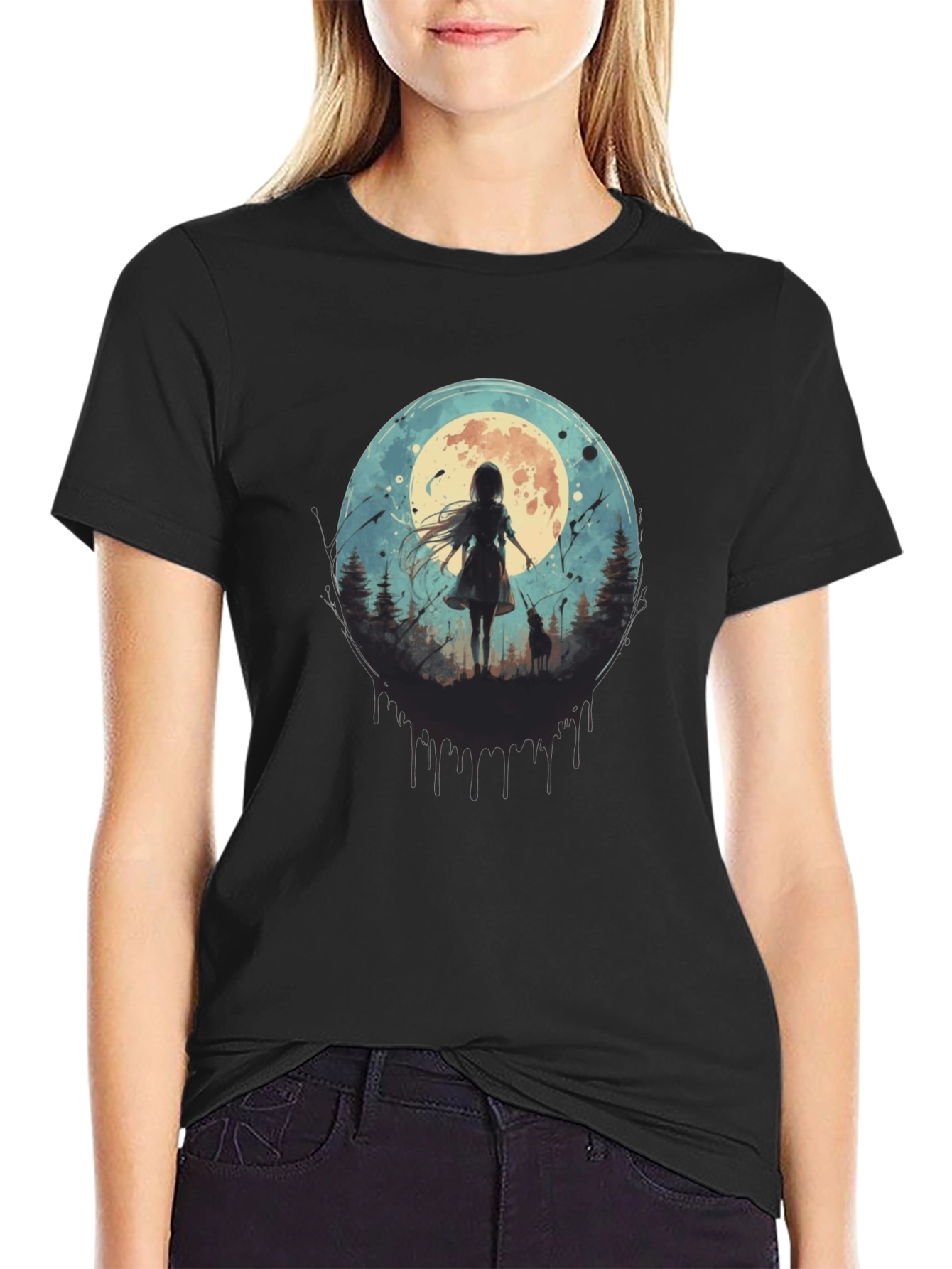 Moonlit Girl & Wolf Graphic Tee - Black