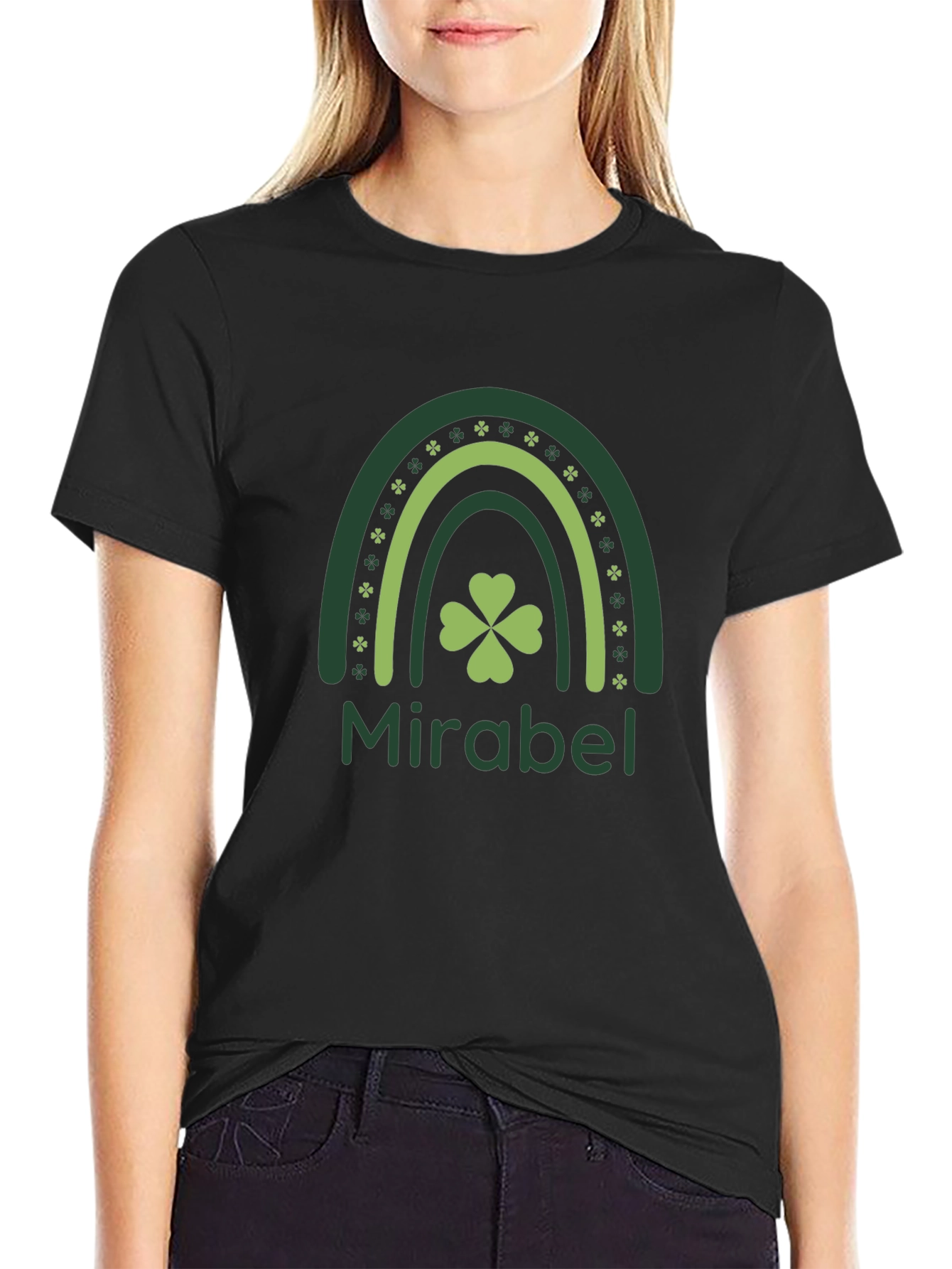St. Patricks Day Mirabel Clover Rainbow Black T-Shirt