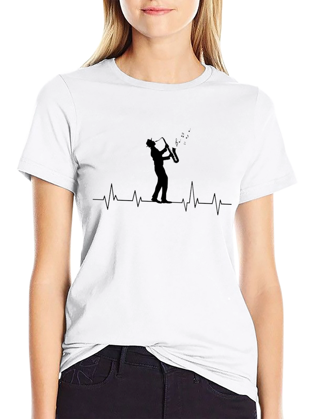 Saxophone Heartbeat Graphic Tee - Black