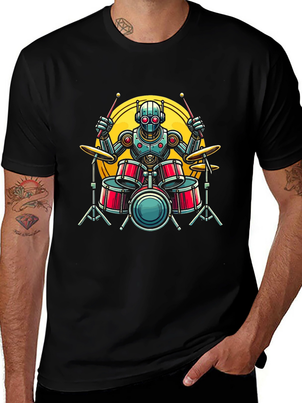 Robot Drummer Graphic Tee - Black