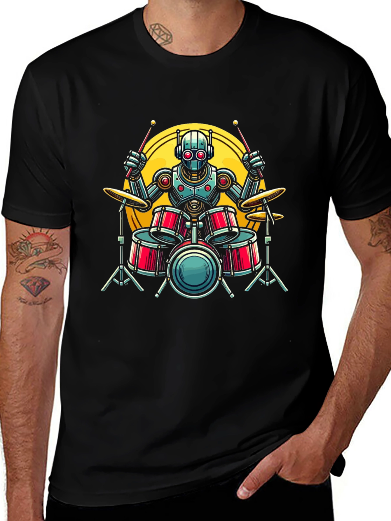 Robot Drummer Graphic Tee - Black