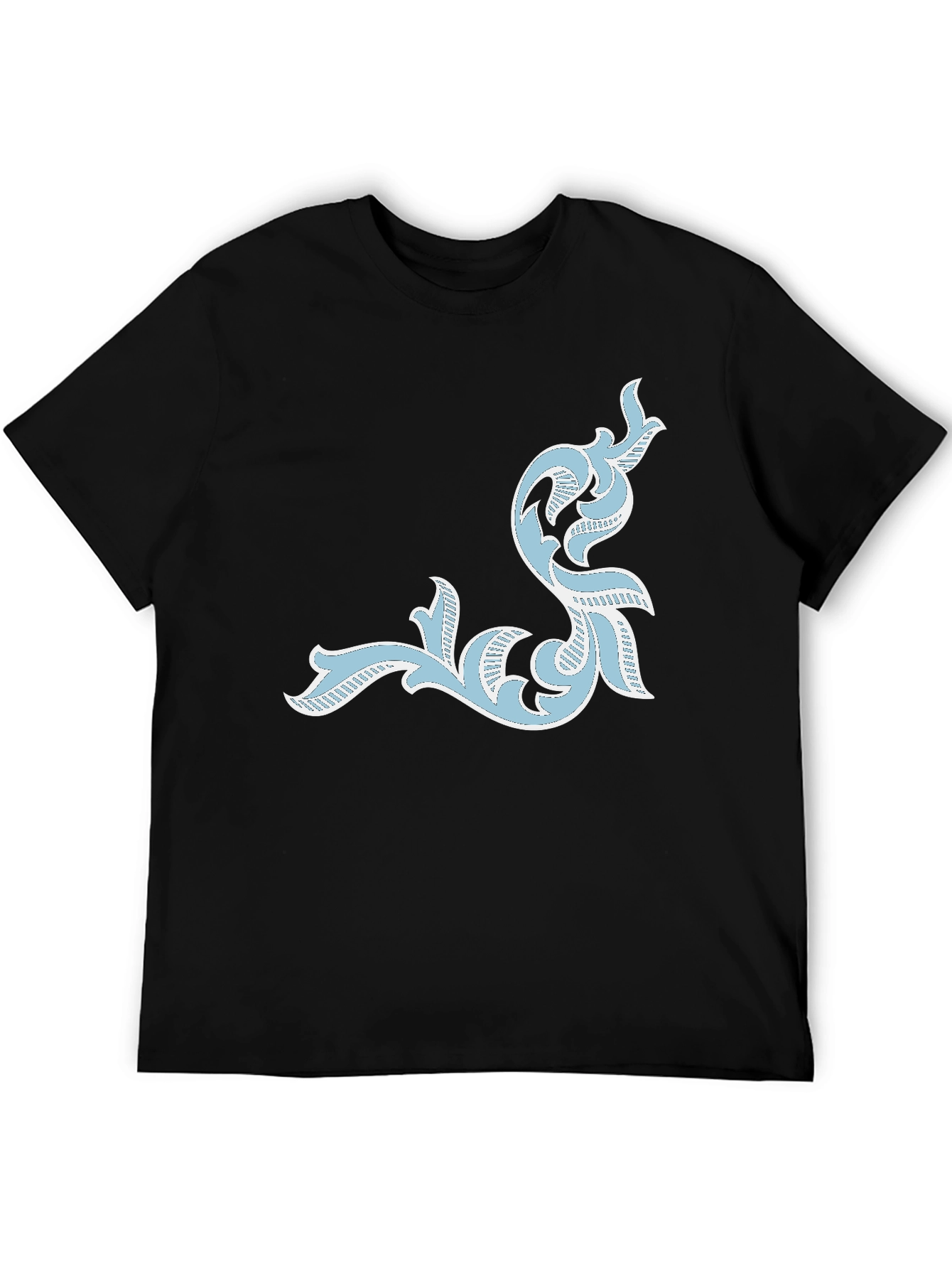 Mens Black T-Shirt with Ornate Light Blue Design