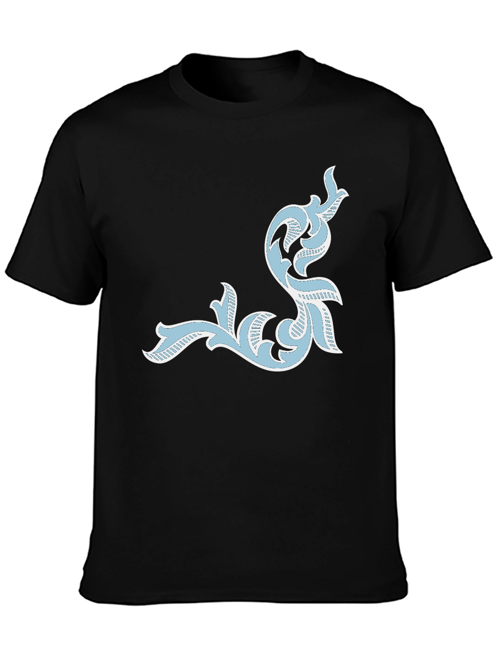 Mens Black T-Shirt with Ornate Light Blue Design