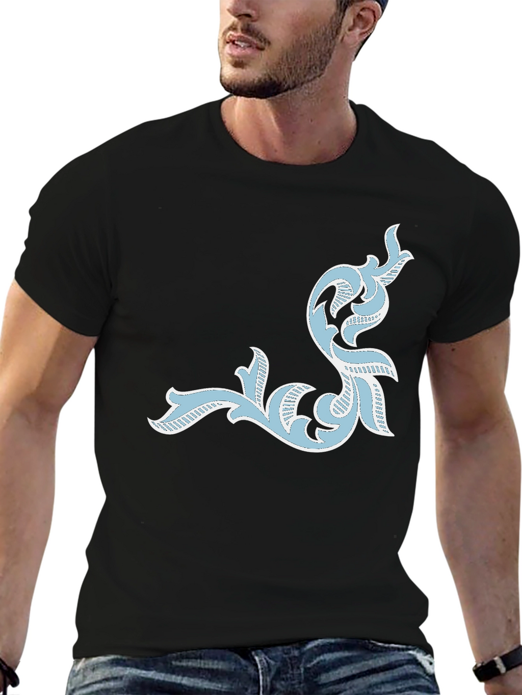 Mens Black T-Shirt with Ornate Light Blue Design