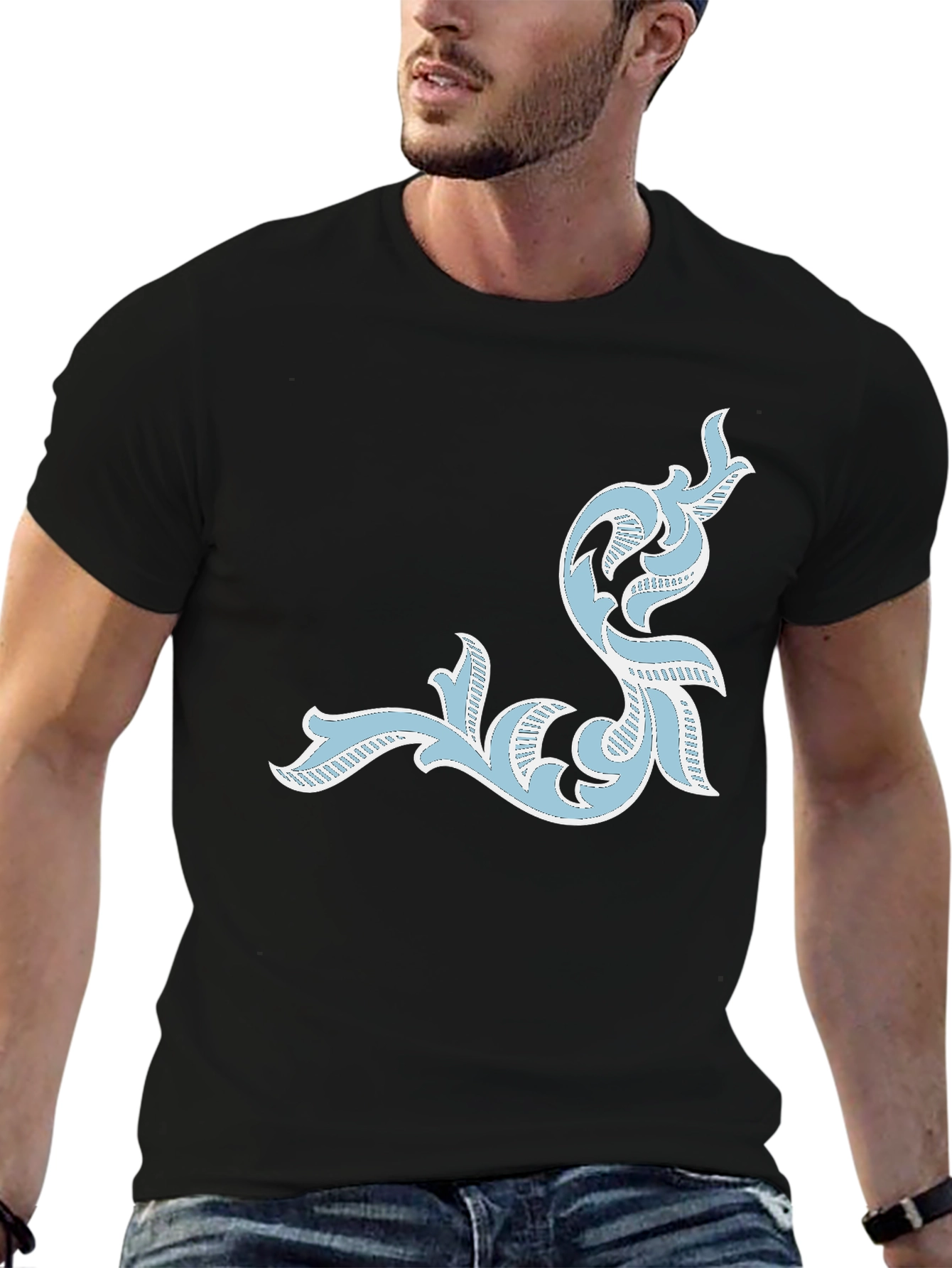 Mens Black T-Shirt with Ornate Light Blue Design