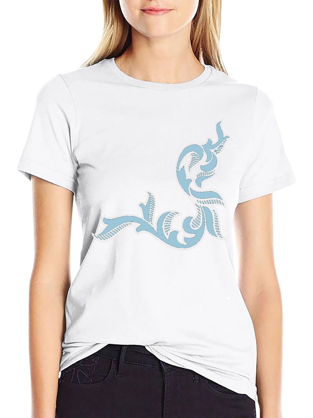 Mens Black T-Shirt with Ornate Light Blue Design