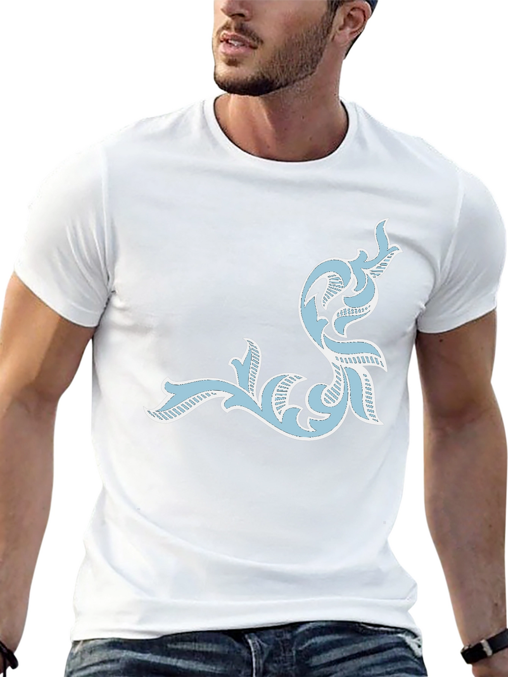 Mens Black T-Shirt with Ornate Light Blue Design