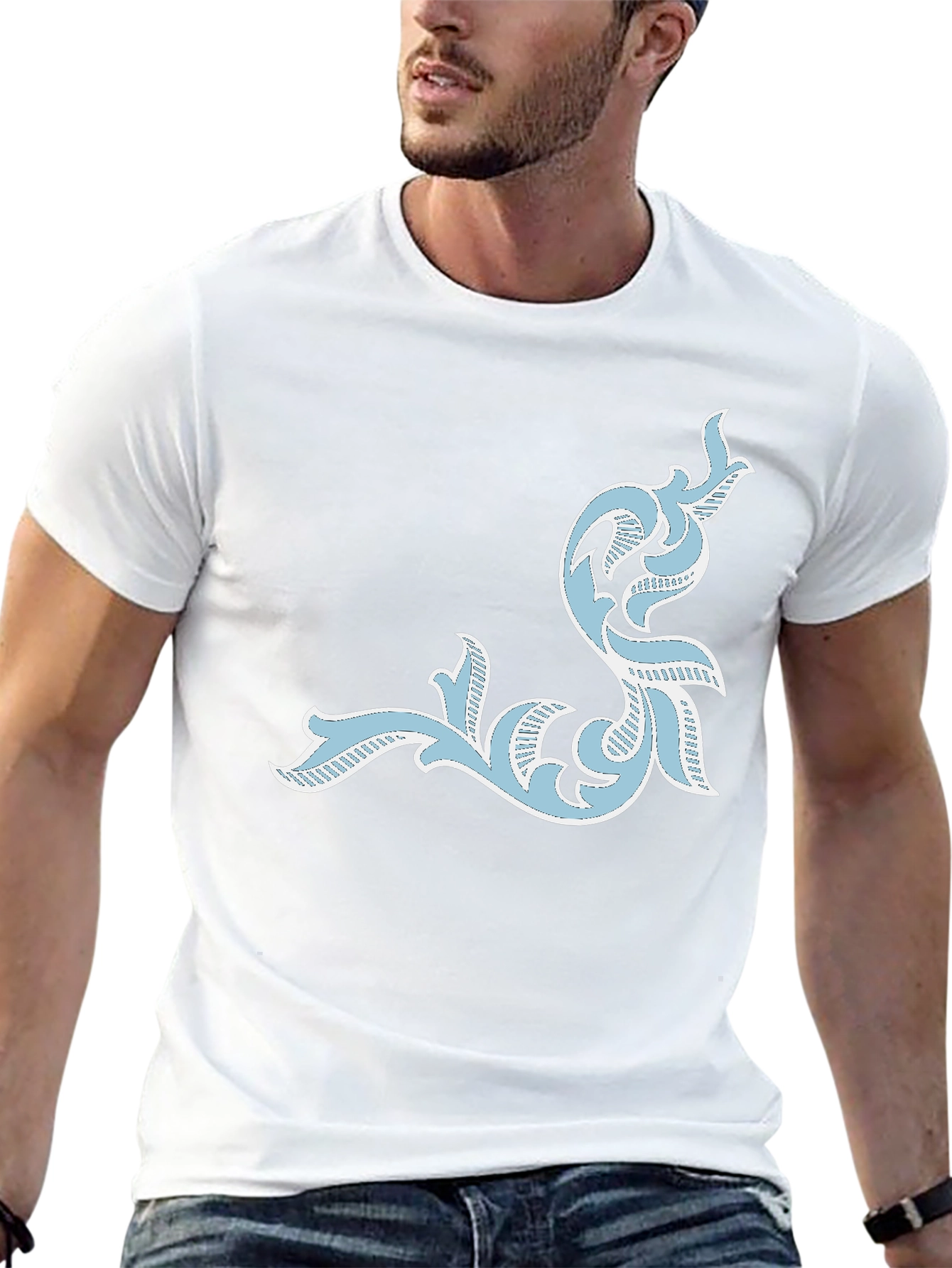 Mens Black T-Shirt with Ornate Light Blue Design