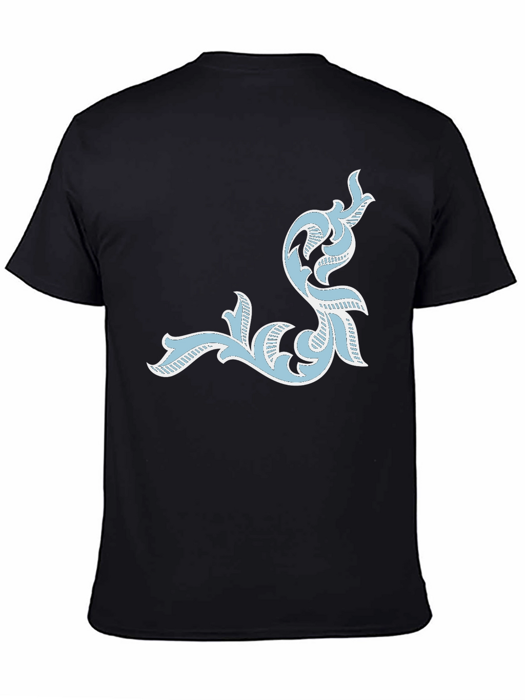 Mens Black T-Shirt with Ornate Light Blue Design
