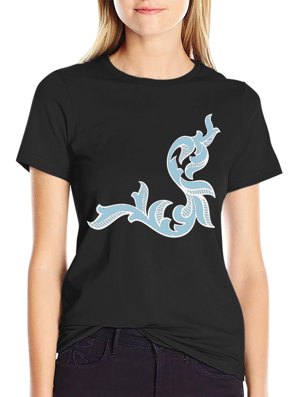 Mens Black T-Shirt with Ornate Light Blue Design