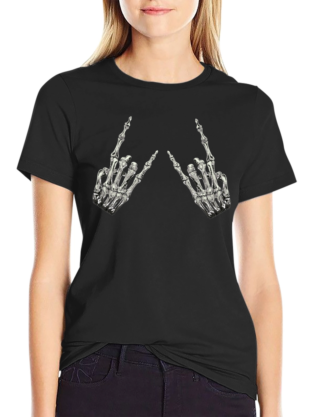 Rock On Skeleton Hand Graphic Tee - Black