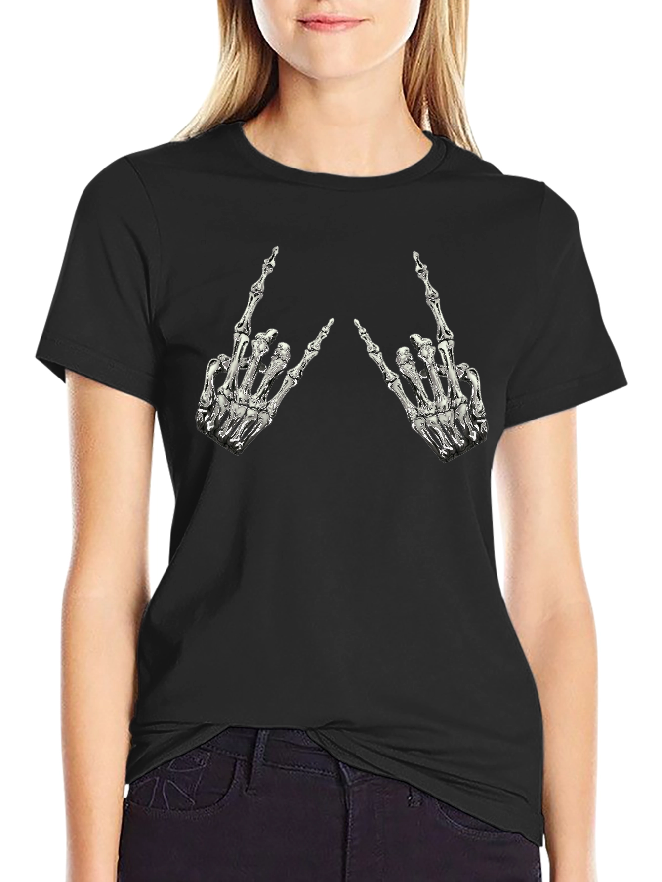 Rock On Skeleton Hand Graphic Tee - Black