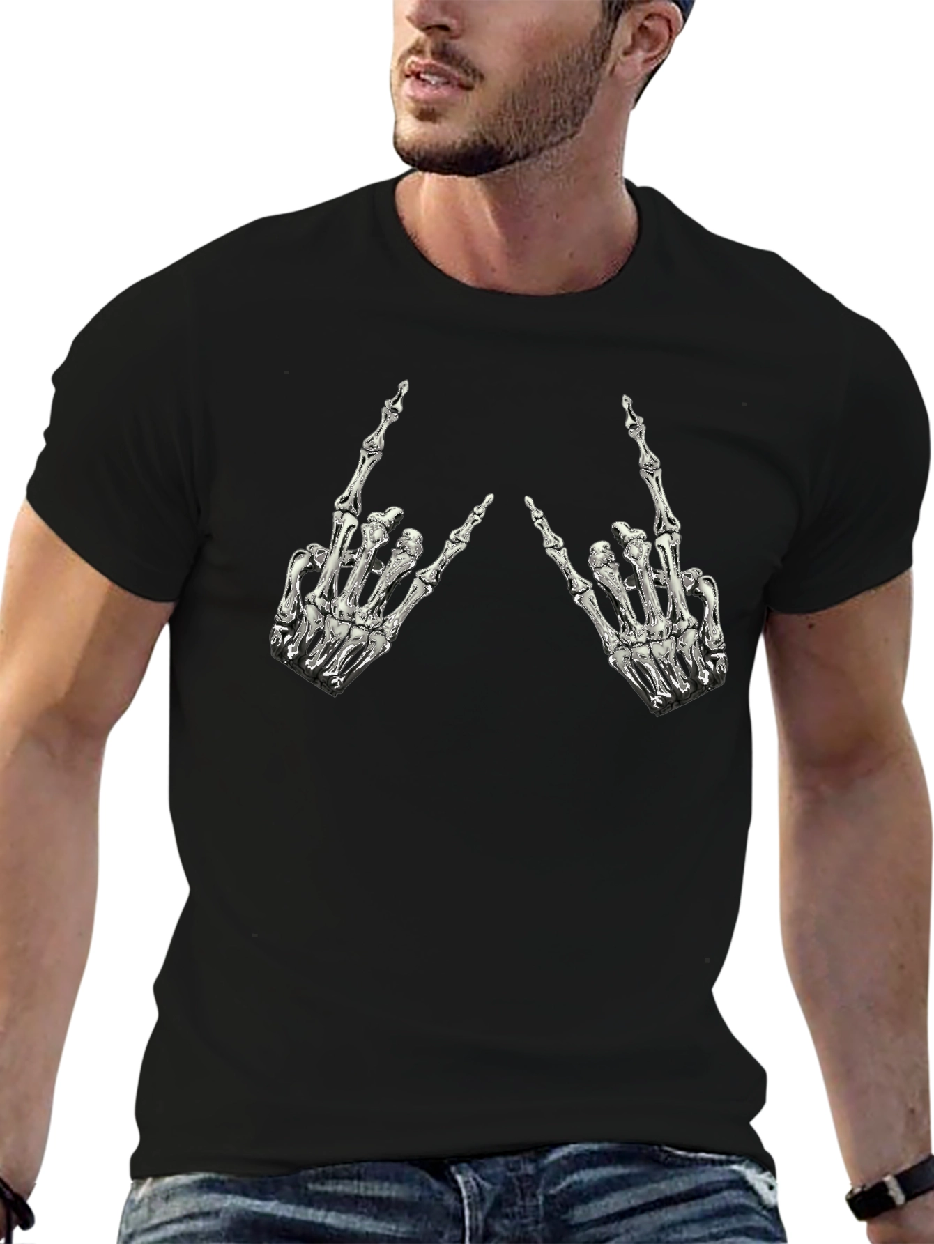 Rock On Skeleton Hand Graphic Tee - Black