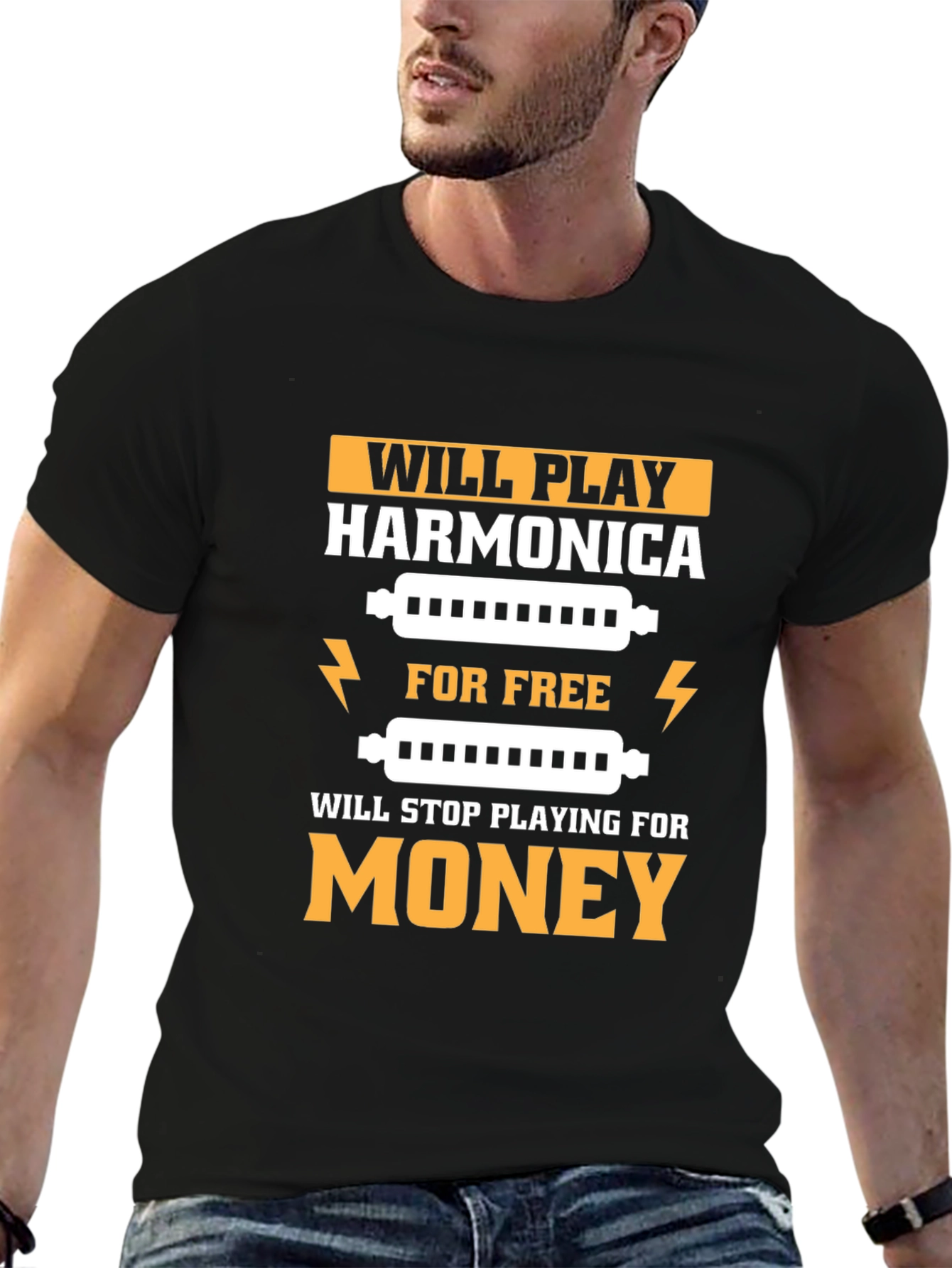 Harmonica Player T-Shirt - Play for Free Stop for Money