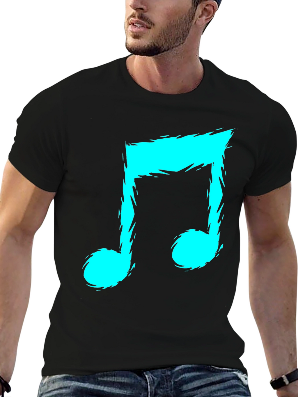 Mens Black T-Shirt with Teal Music Note Graphic