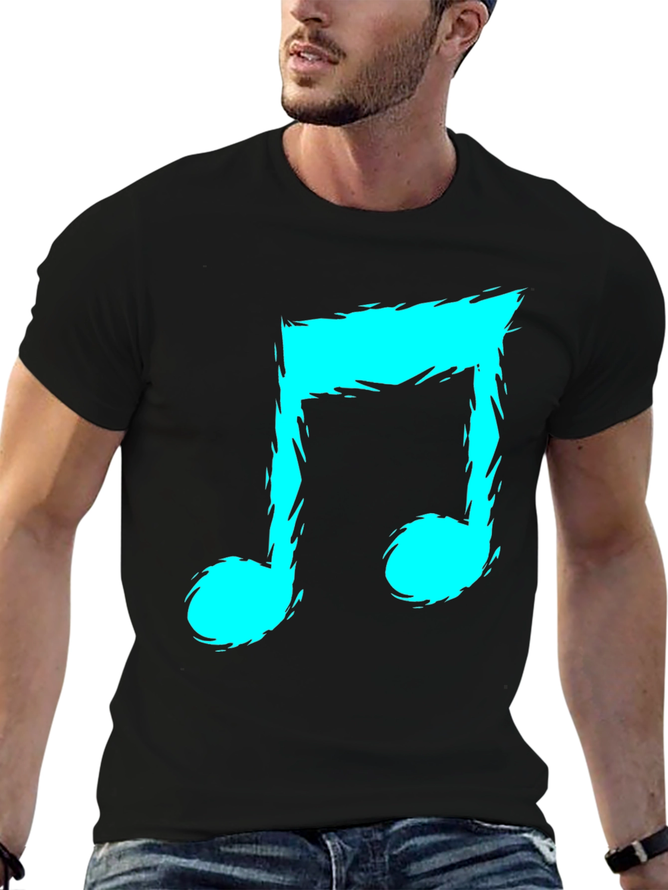 Mens Black T-Shirt with Teal Music Note Graphic