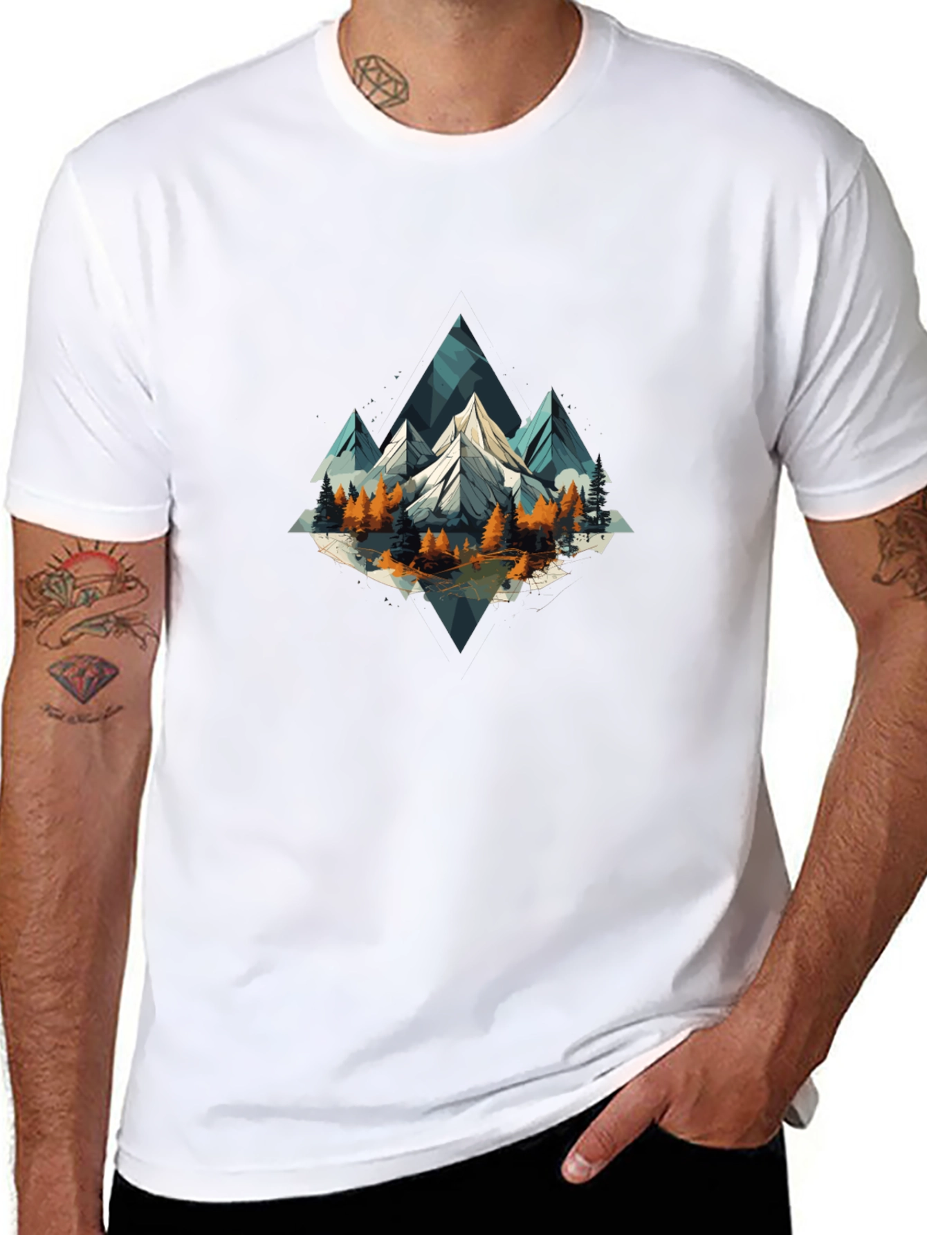 Geometric Mountain Scene Graphic Tee - Black