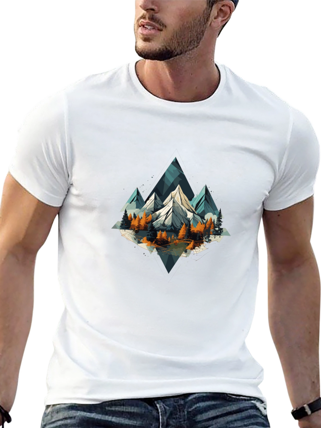Geometric Mountain Scene Graphic Tee - Black