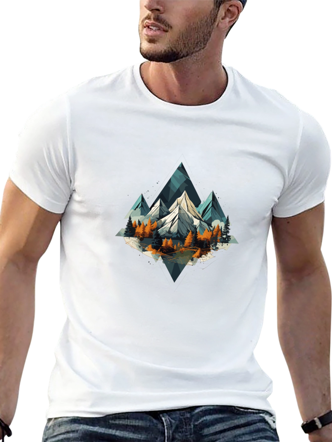 Geometric Mountain Scene Graphic Tee - Black