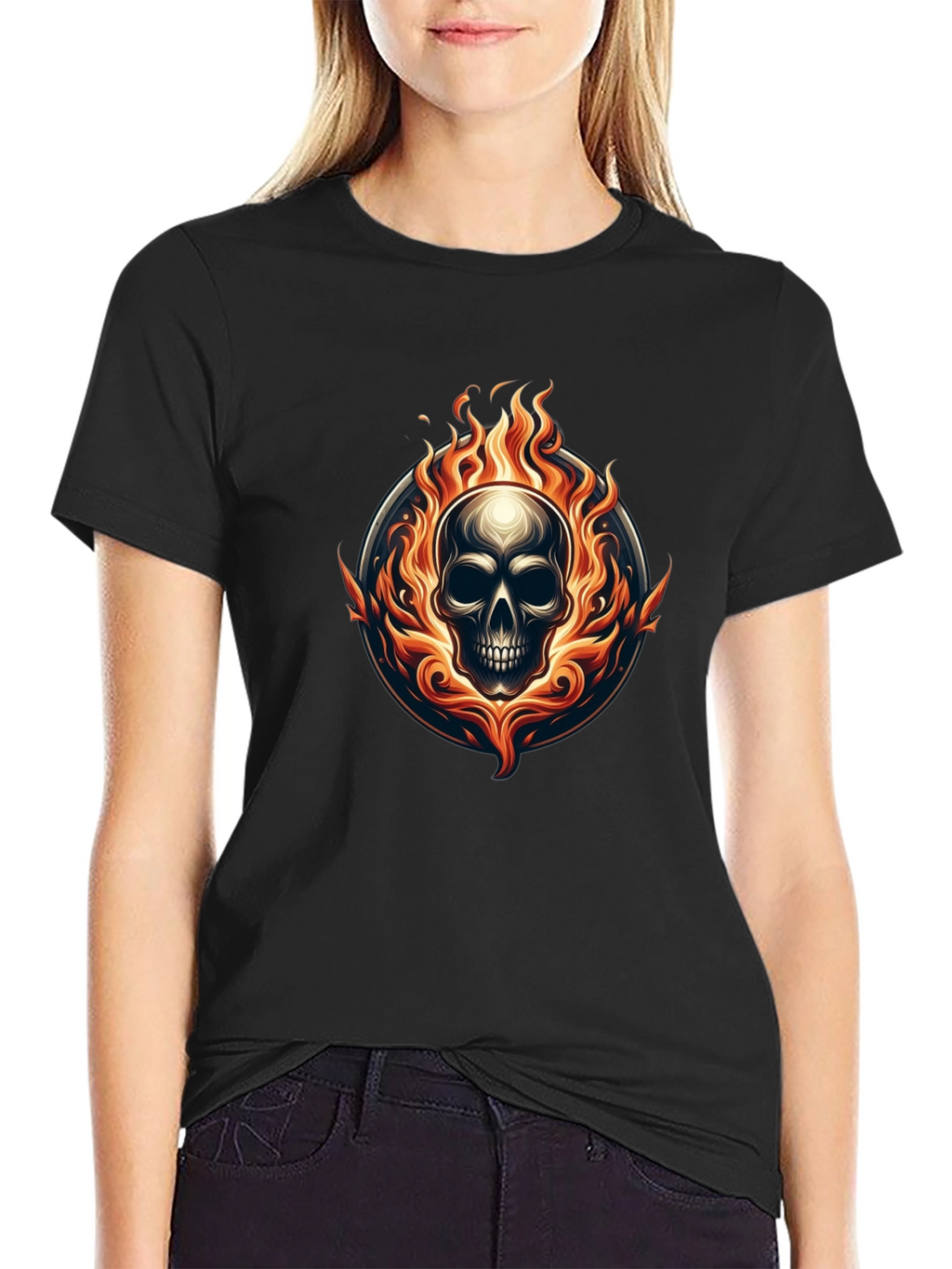 Flaming Skull Graphic Tee - Black