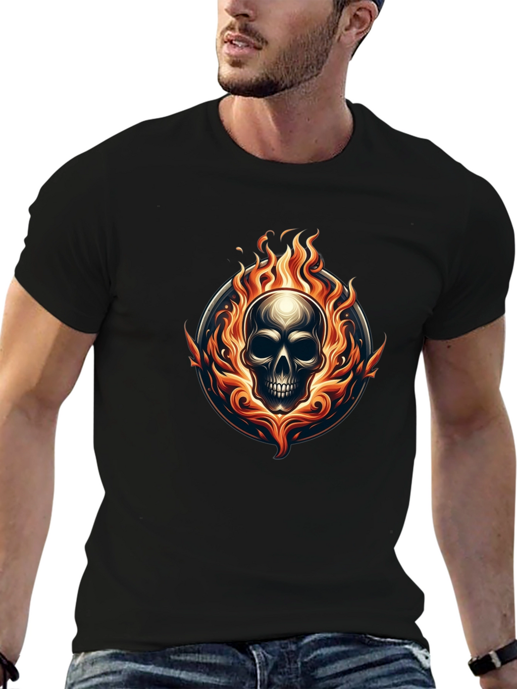Flaming Skull Graphic Tee - Black