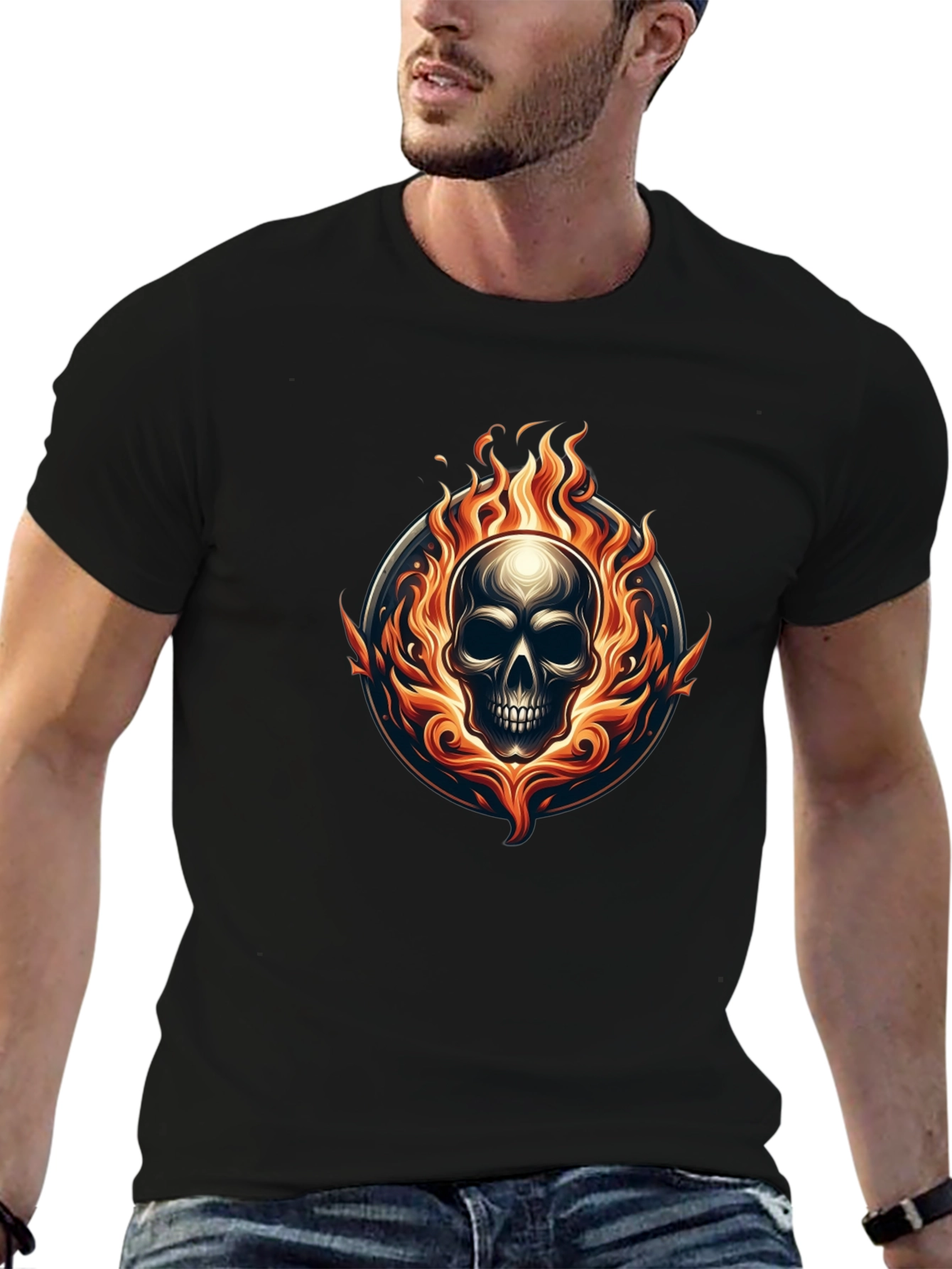 Flaming Skull Graphic Tee - Black