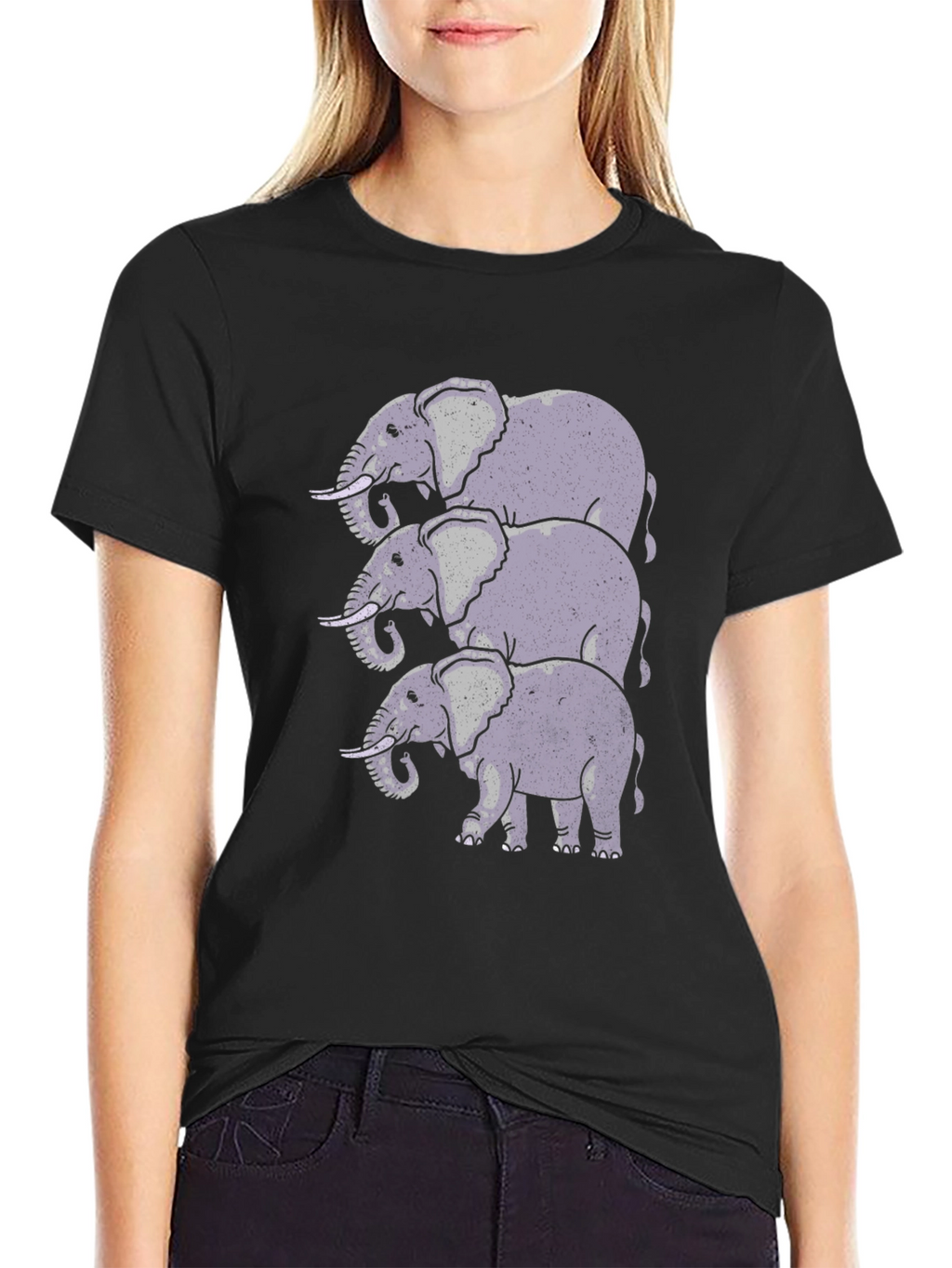 Stacked Elephant Graphic Print Black T-Shirt