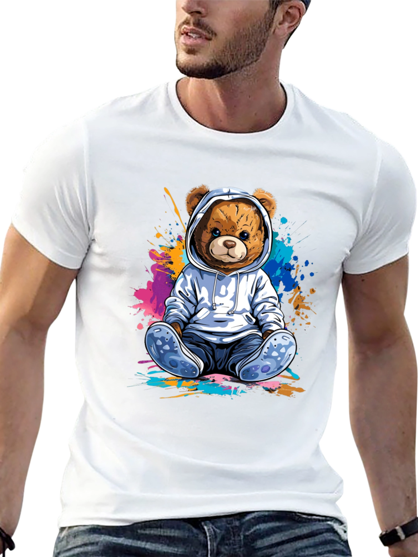 Teddy Bear Hoodie Graphic Tee - Soft Cotton Blend