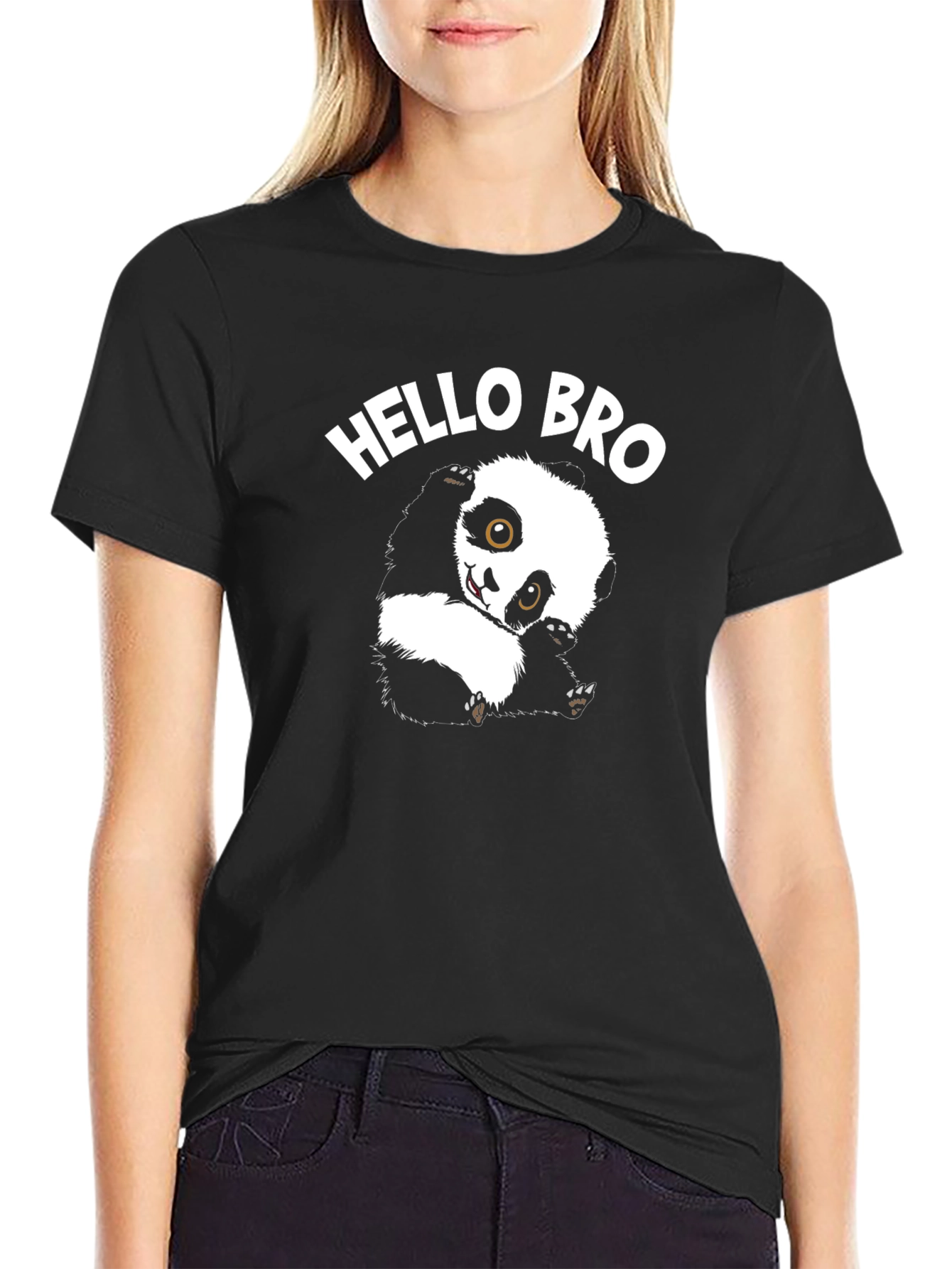 Hello Bro Panda Graphic Tee - Mens Black Cotton T-Shirt