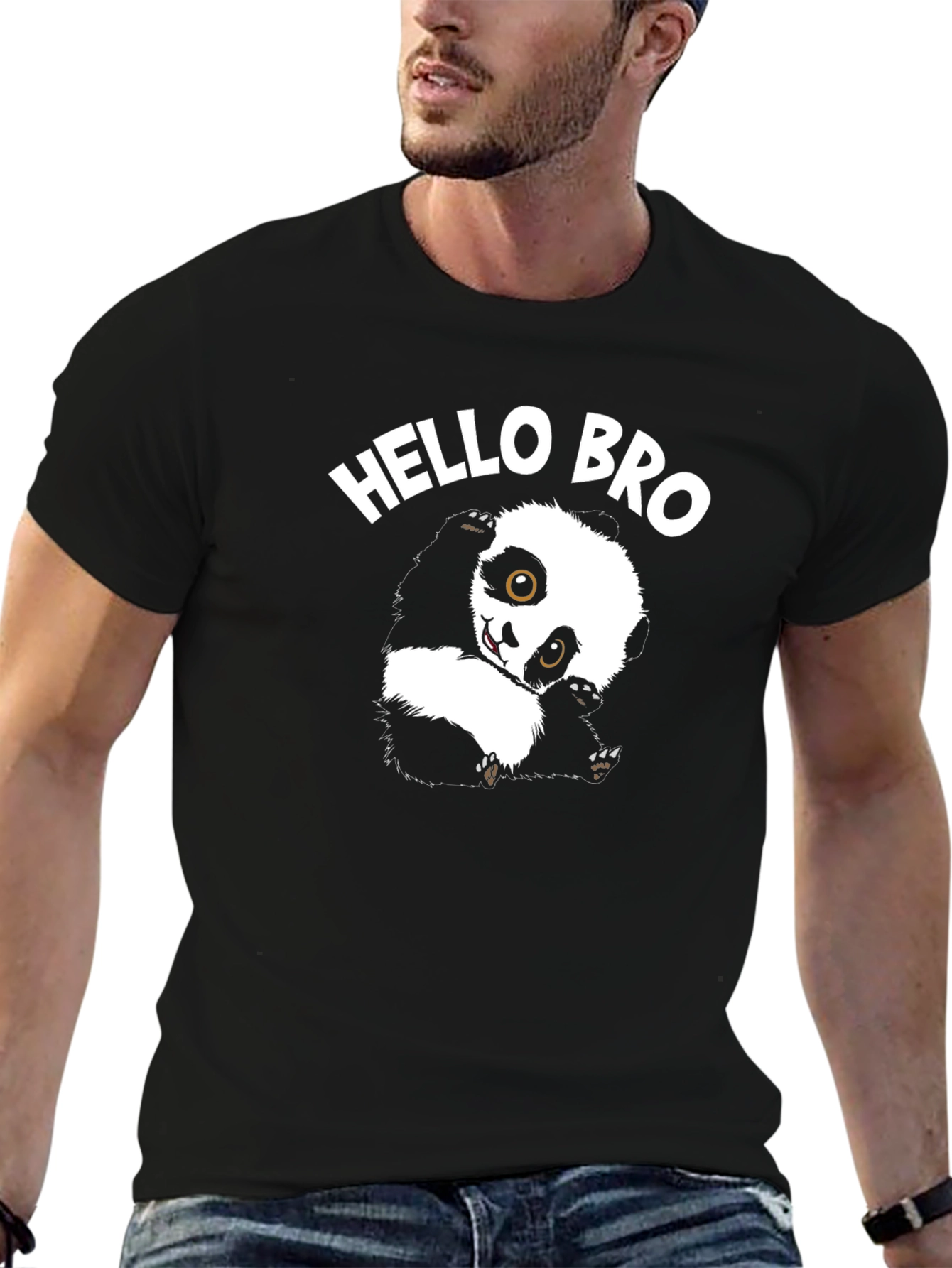 Hello Bro Panda Graphic Tee - Mens Black Cotton T-Shirt