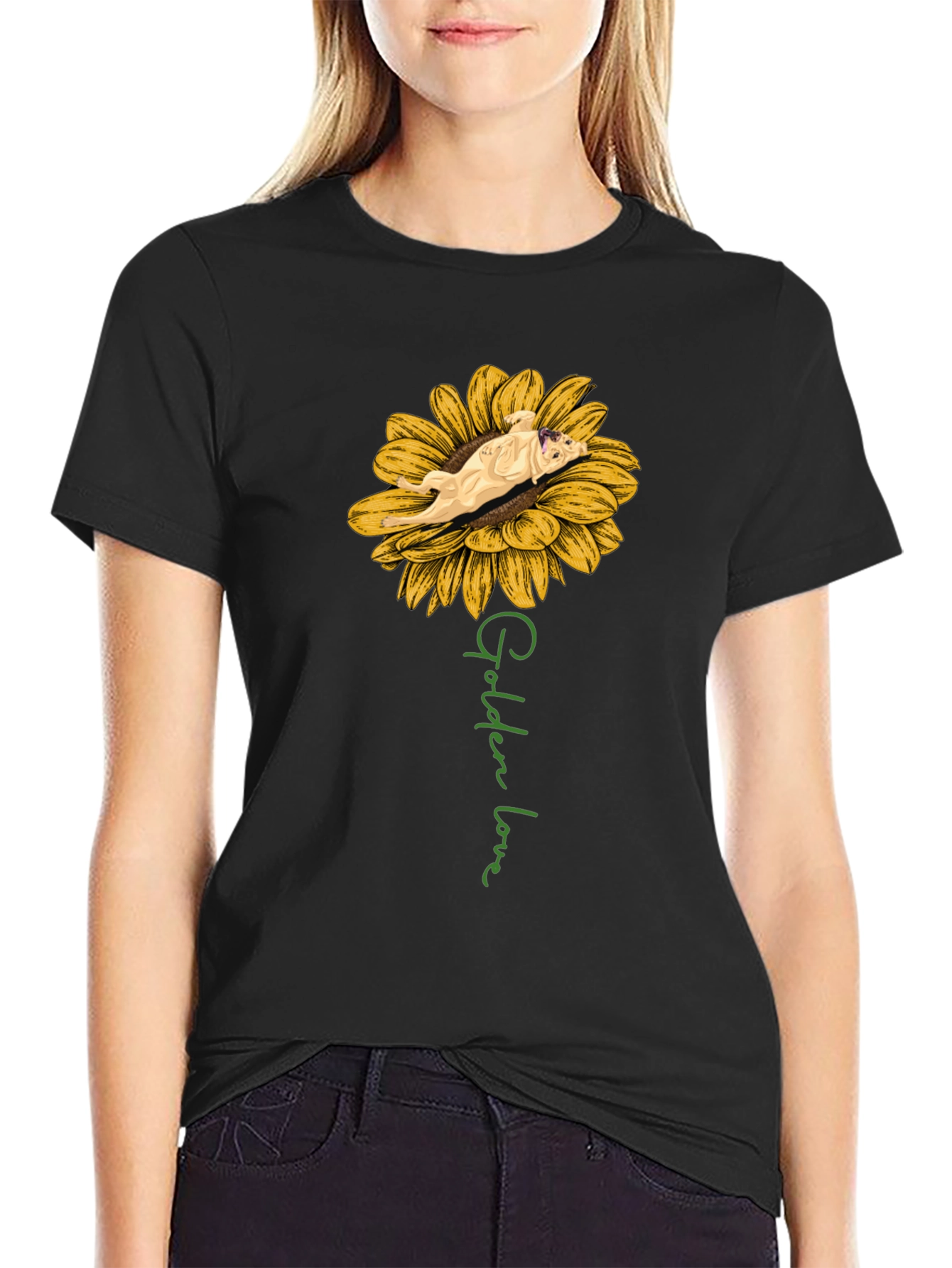 Golden Love Dog Sunflower Graphic T-Shirt