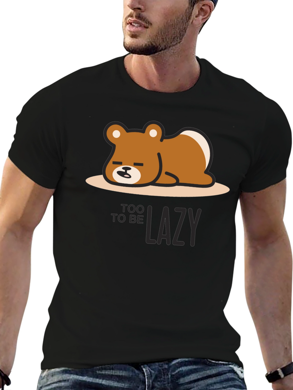 Too Lazy Bear Graphic Tee - Black Cotton T-Shirt