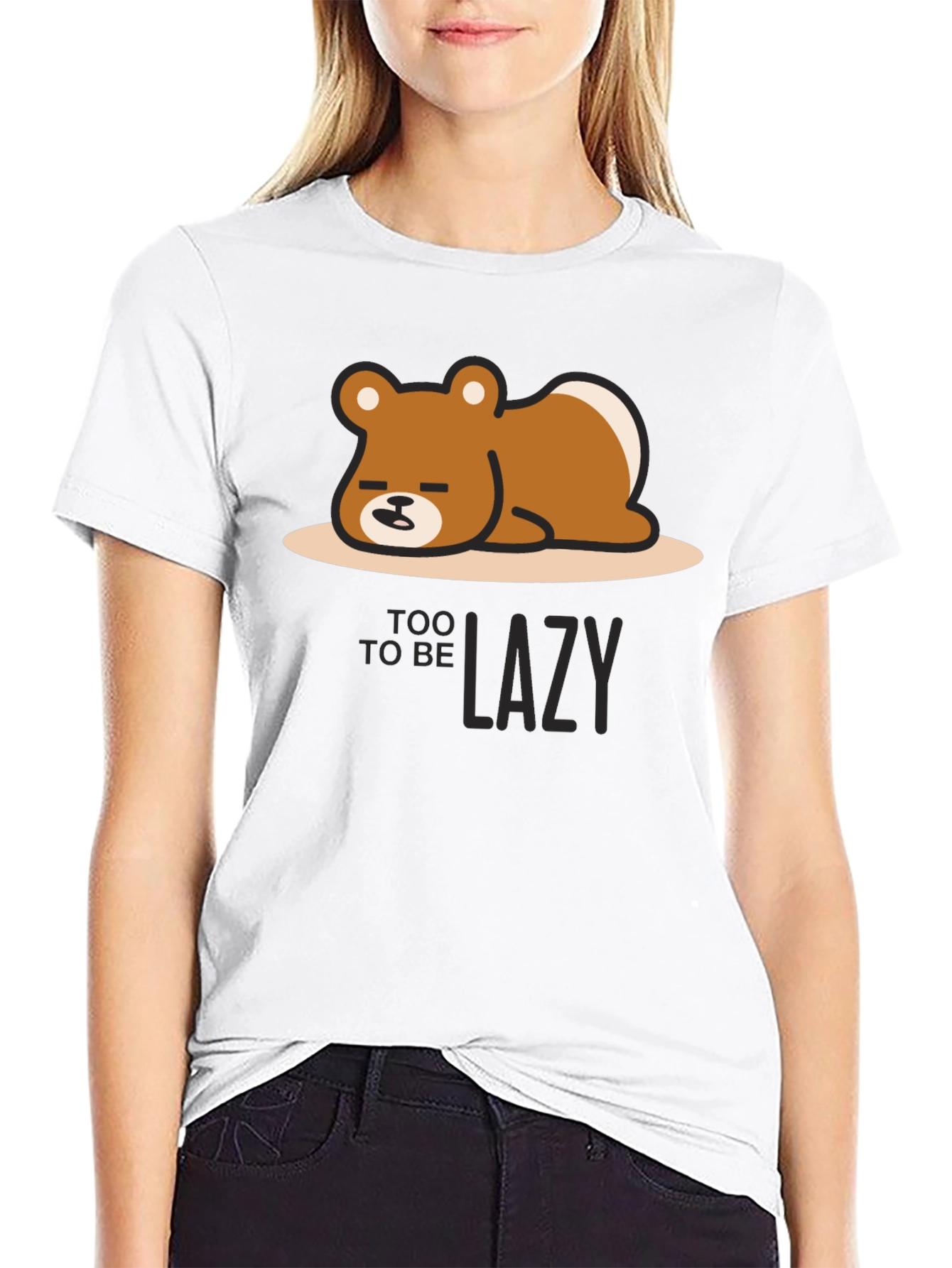Too Lazy Bear Graphic Tee - Black Cotton T-Shirt