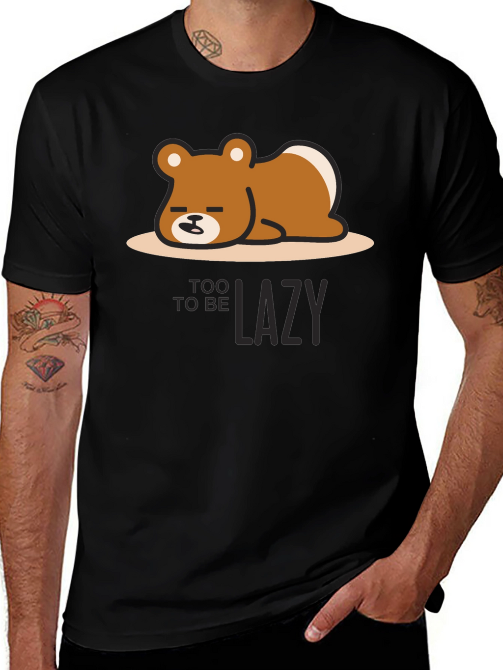 Too Lazy Bear Graphic Tee - Black Cotton T-Shirt